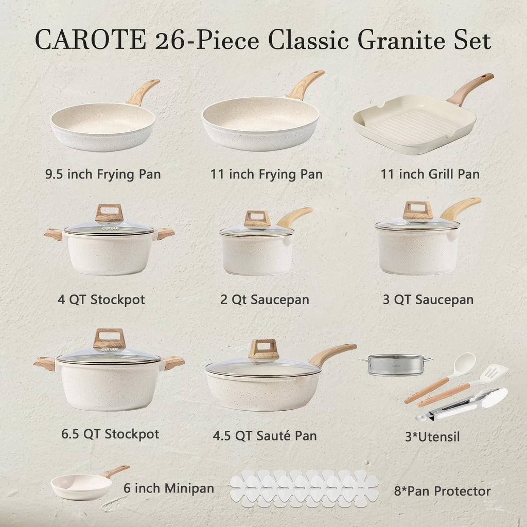 CAROTE 21pcs Pots and Pans Set Nonstick, Cookware Set Black Induction Kitchen Cooking Set w/Frying Pans & Saucepans(PFOS, PFOA Free)