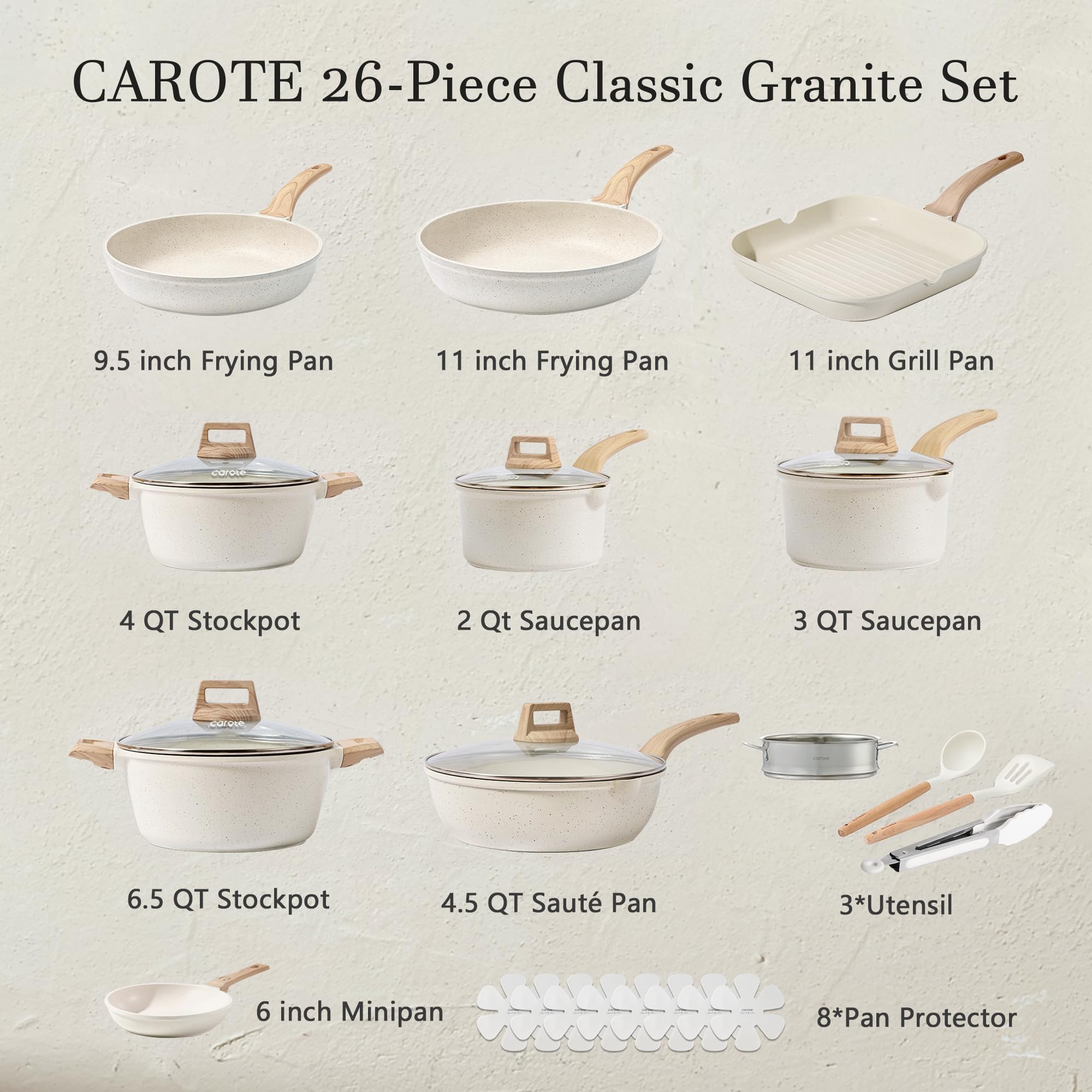 CAROTE 21pcs Pots and Pans Set Nonstick, Cookware Set Black Induction Kitchen Cooking Set w/Frying Pans & Saucepans(PFOS, PFOA Free)