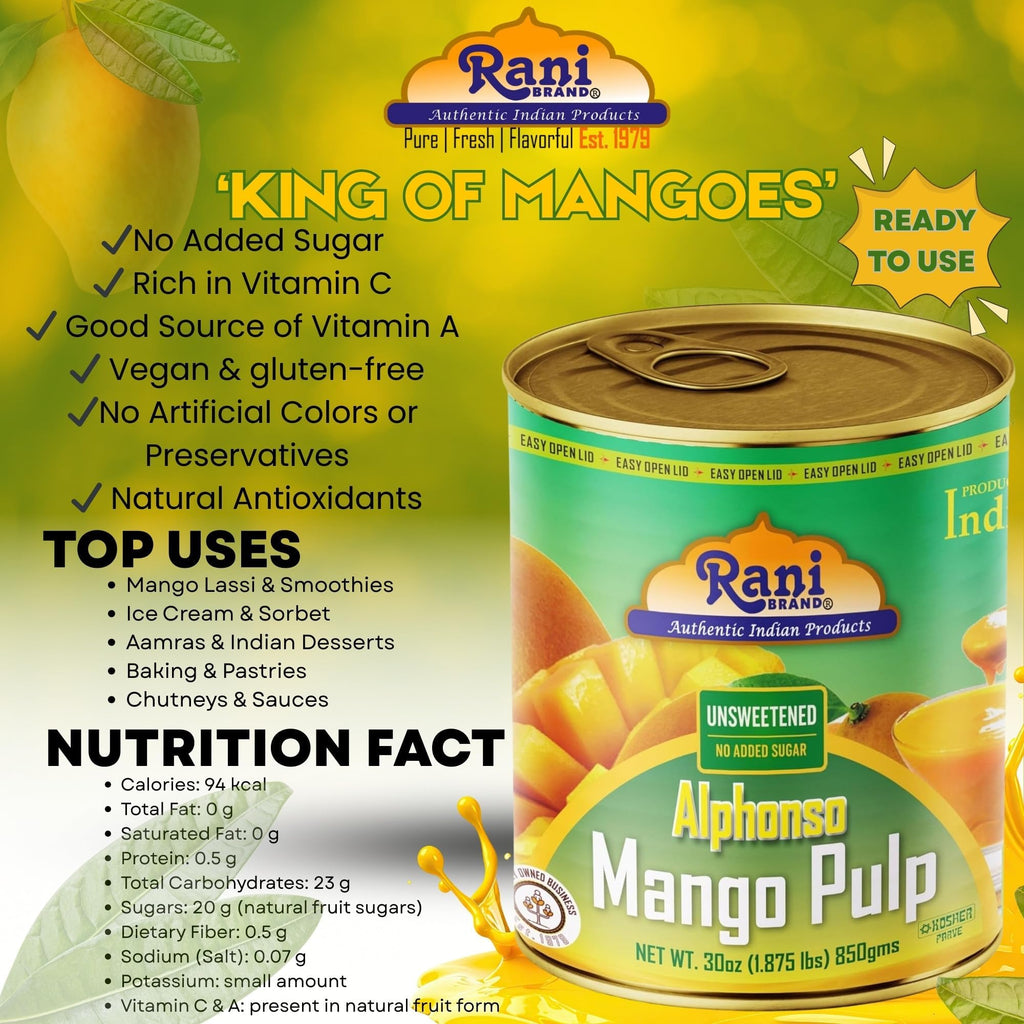 Rani Mango Pulp Puree (Makes Mango Lassi Shakes) Alphonso Sweetened 30oz (1.875lbs) 850g ~ Kosher | All Natural | NON-GMO | Vegan | No colors | Gluten Friendly | Indian Origin