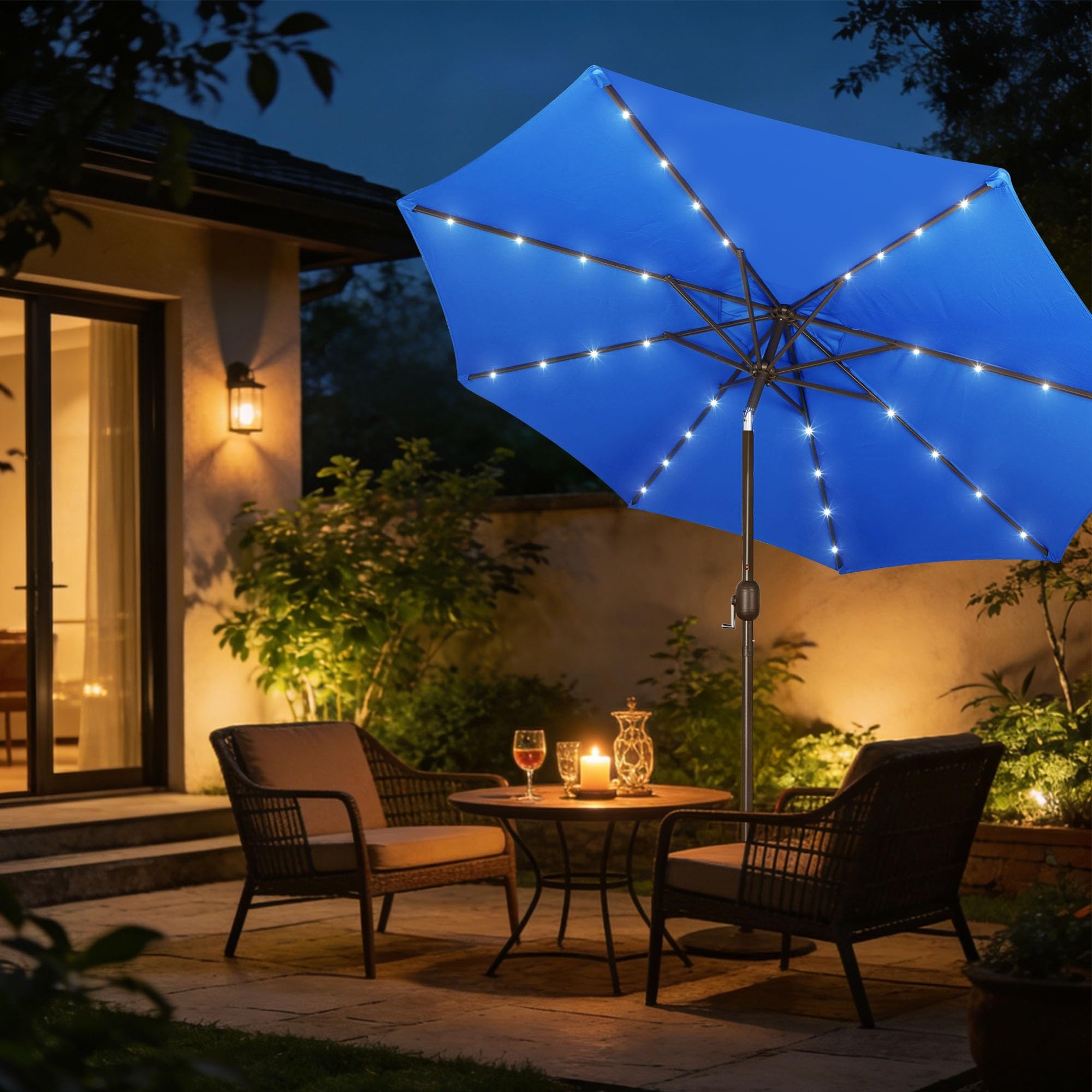Blissun 9 ft Solar Umbrella, 32 LED Lighted Patio Umbrella, Table Market Umbrella, Outdoor Umbrella for Garden, Deck, Backyard, Pool and Beach (Light Blue)
