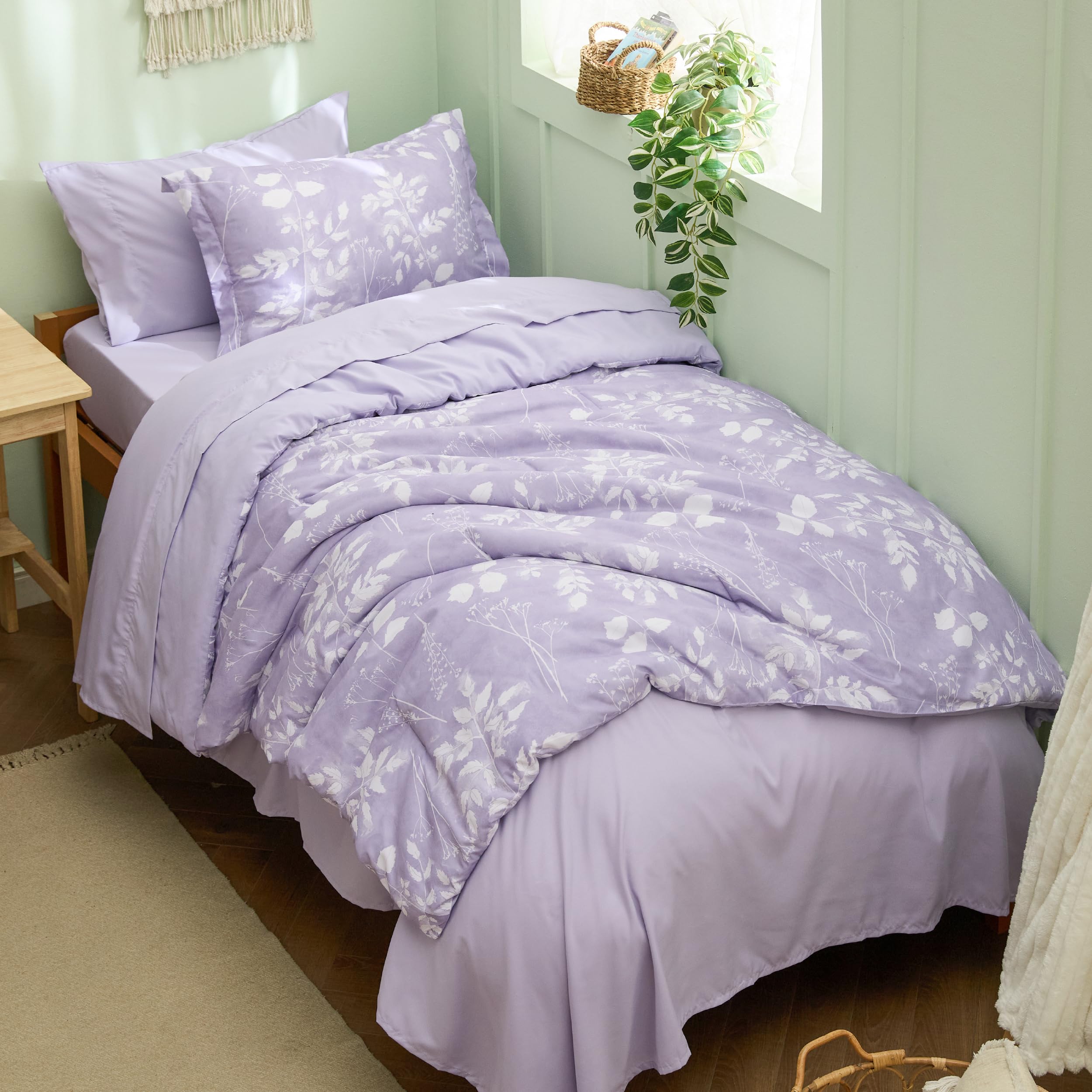 Bedsure Twin Comforter Set - 5 Pieces Floral Sage Green Soft Bedding Sets, Twin Bed in a Bag with Botanical Flowers Comforter, Sheets, Pillowcase & Sham