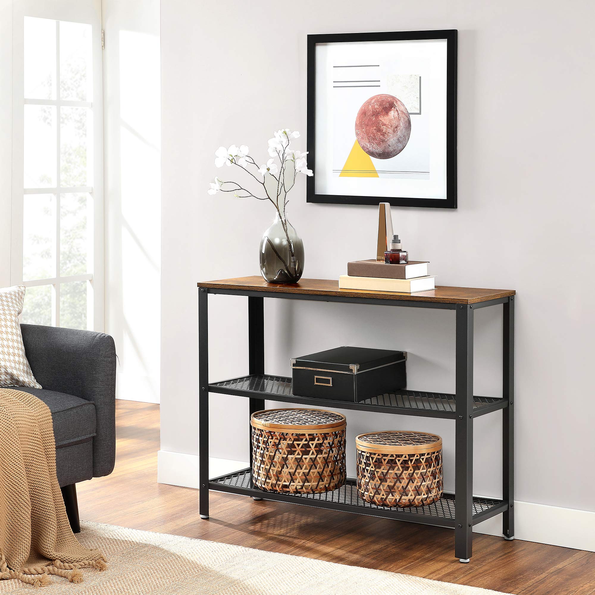VASAGLE 40" Industrial Console Table, 3 Tier Entryway Table with Storage Shelf, Narrow Sofa Table for Living Room, Hallway, Entrance Hall, Corridor, Bedroom, Greige and Black ULNT081B02