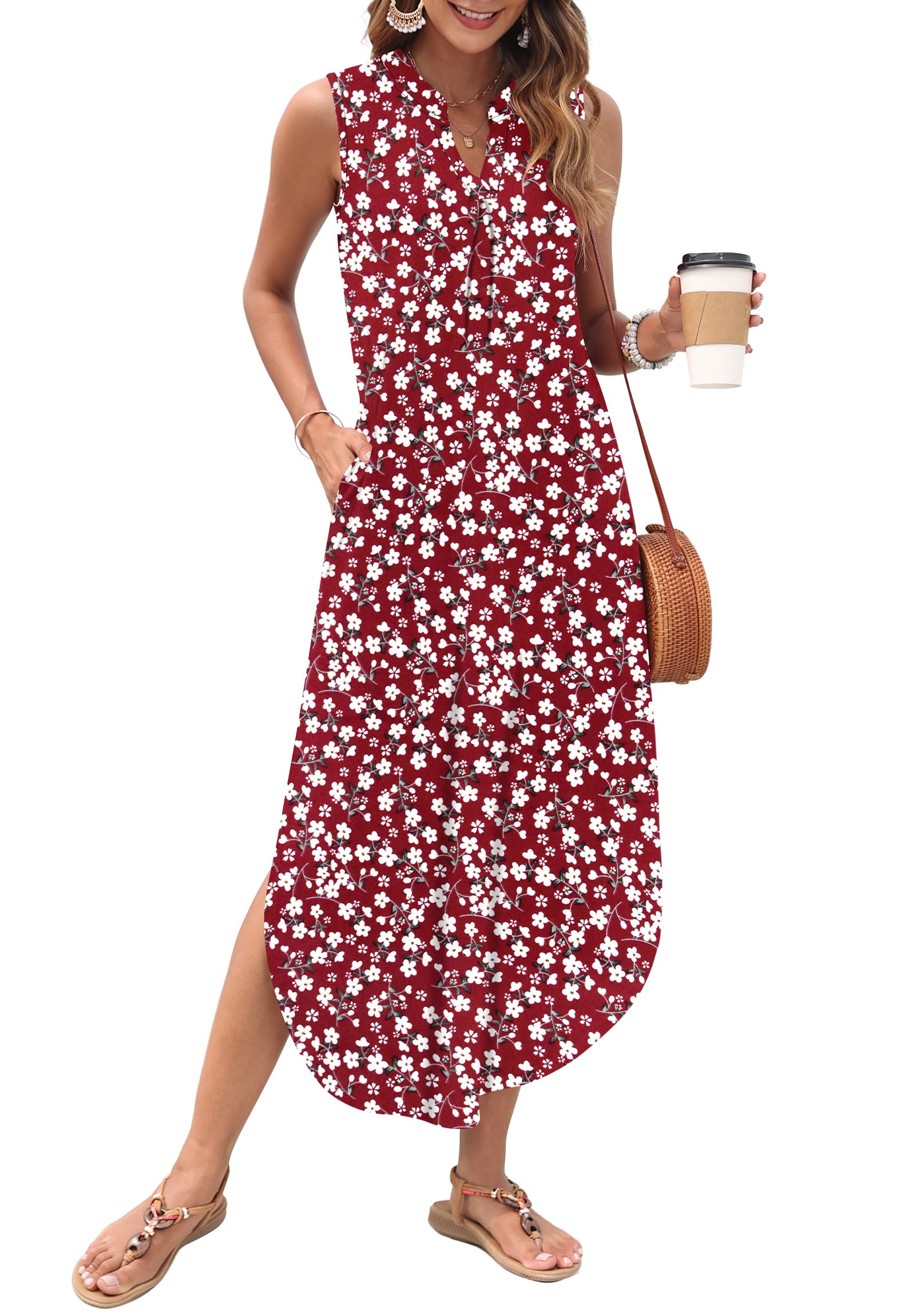 AUSELILY Womens Summer Casual Maxi Dresses 2026 Sleeveless Long Beach Dresses V Neck Loose Sundresses with Side Split Pockets