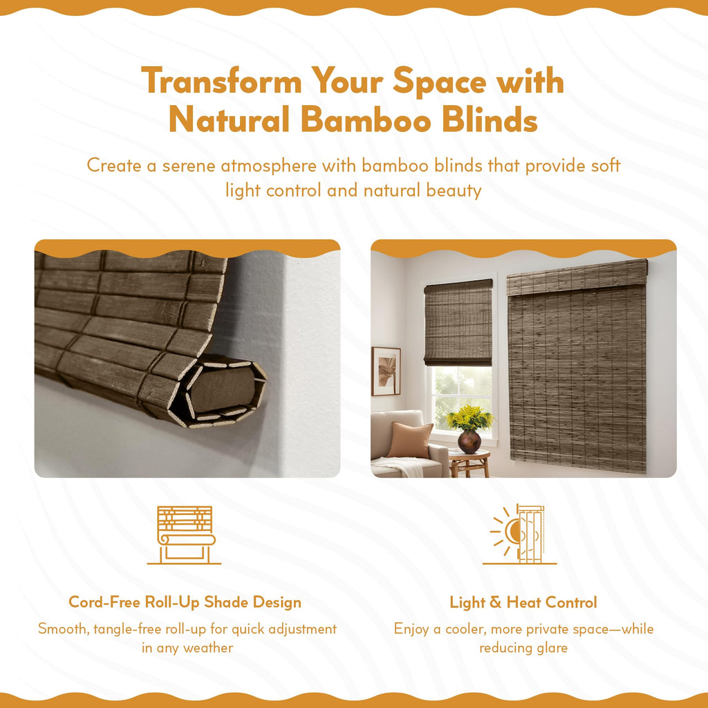 Radiance Cordless Bamboo Roman Shades for Windows - Flatstick Bamboo Blinds for Semi-Private Light Control - Easy to Lift & Fold Up Window Shades - Cocoa - 23 in. W x 64 in. L - (2216300E)