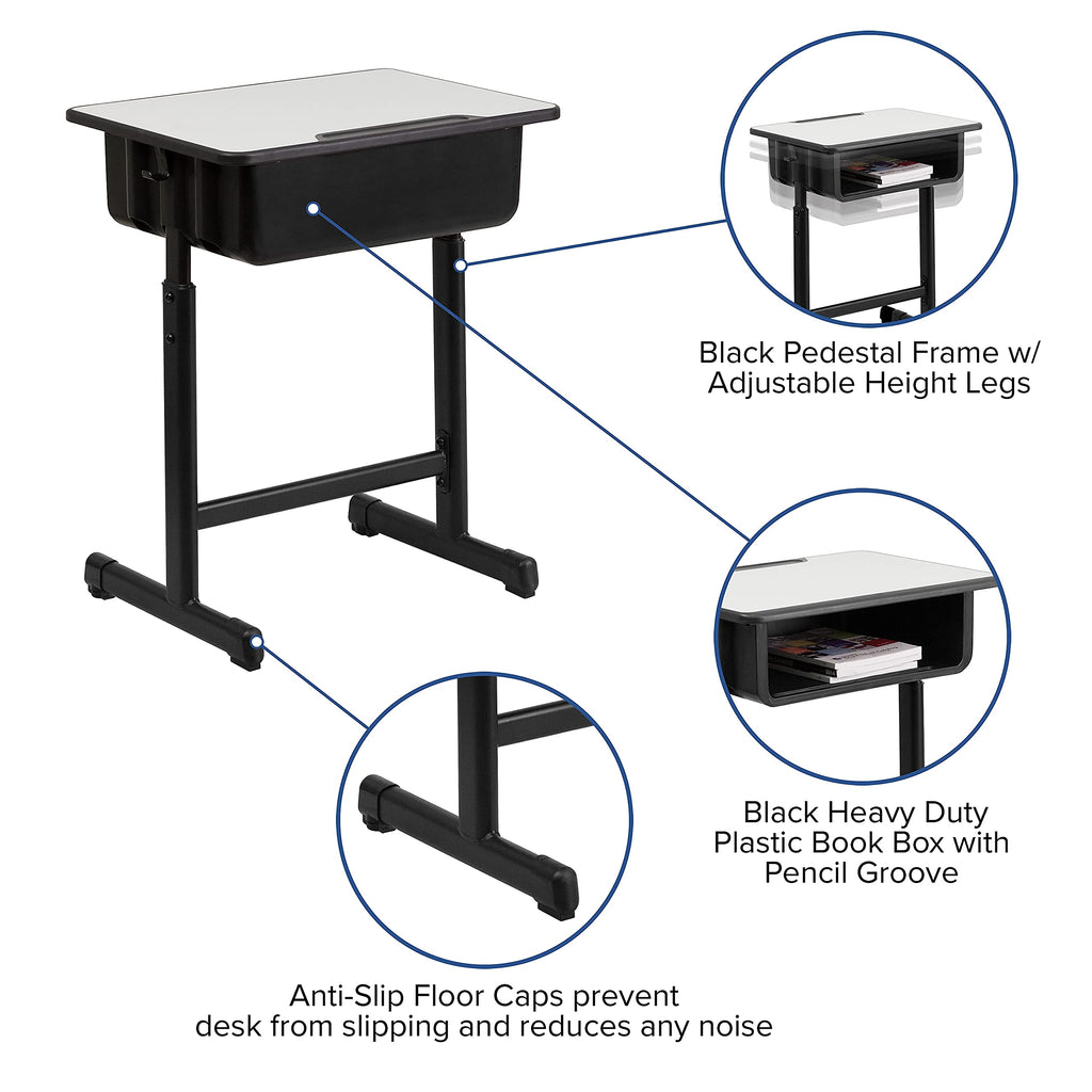 Flash Furniture Billie Open Front Student Desk for Classrooms or Remote Learning, Height Adjust School Desk with Book Box and Bag Hooks, Black/Gray