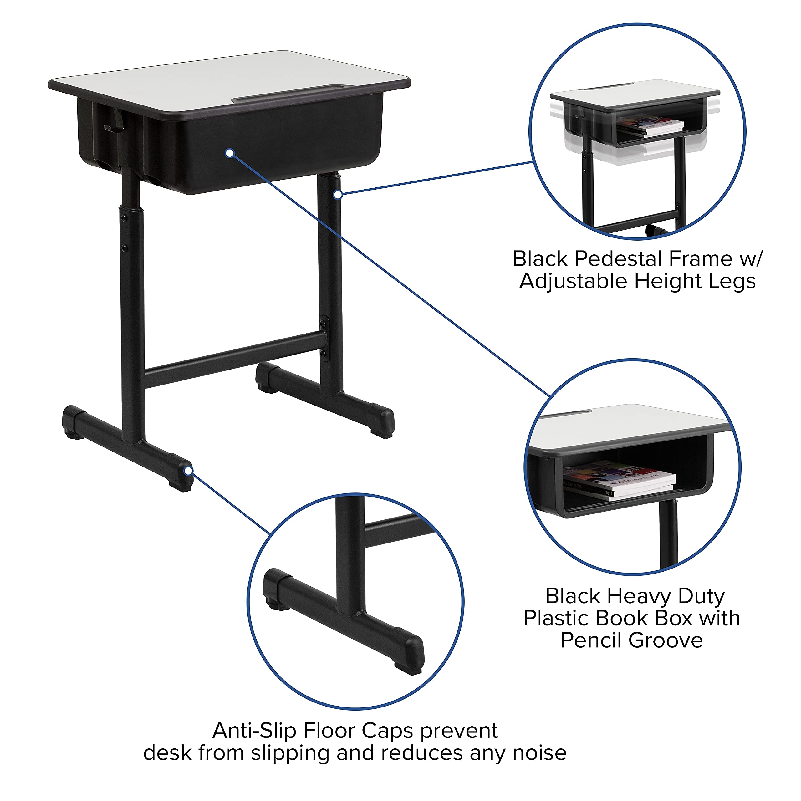 Flash Furniture Billie Open Front Student Desk for Classrooms or Remote Learning, Height Adjust School Desk with Book Box and Bag Hooks, Black/Gray