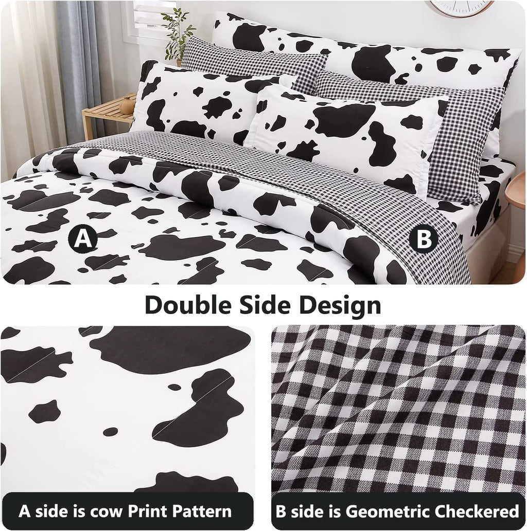 SUCSES Full Size Comforter Set with Sheets 8 Piece Cow Print Bedding Set for Boys Girls Black and White Kids Bed-in-A-Bag Farmhouse Rustic Bed Set for Bedroom (Milk Cow, Full)