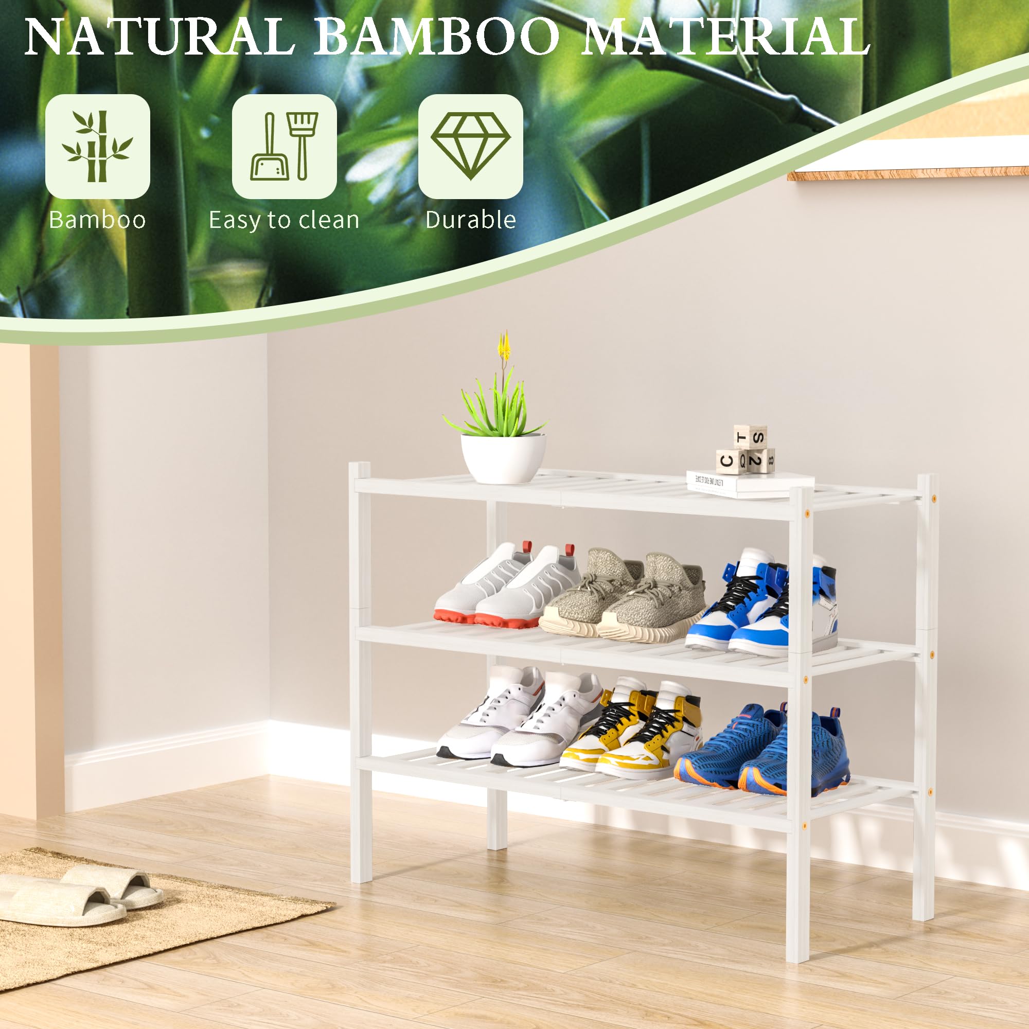 ROMGUAR CRAFT 2-Tier Bamboo Long Shoe Rack, Free Standing Wood Shoe Shelf Storage Organizer for Closet Entryway Stackable 35"x11"x13" (Black)