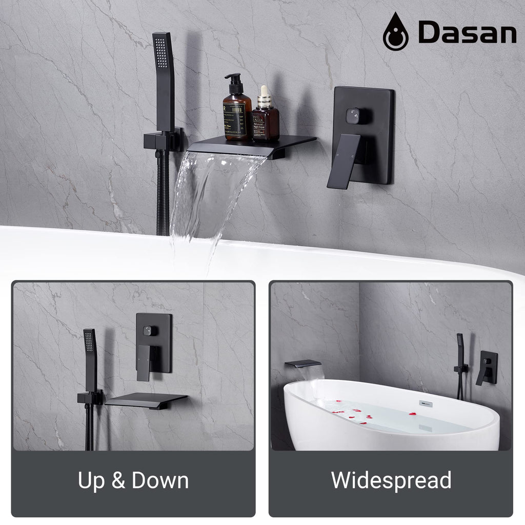 Upgraded Wall Mount Tub Filler Faucet with Handheld Shower, DASAN Modern Wall Mounted Bathtub Faucet Brushed Gold High Flow Waterfall Tub Faucet with Rough in Valve, SA-TF04WH-BG