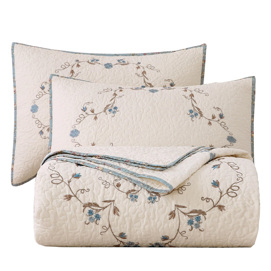 vctops 3-Piece Floral Embroidered Bedspread Coverlet Set Twin Size 100% Cotton Reversible Patchwork 1 Quilt and 2 Pillow Shams (Flower,Twin)