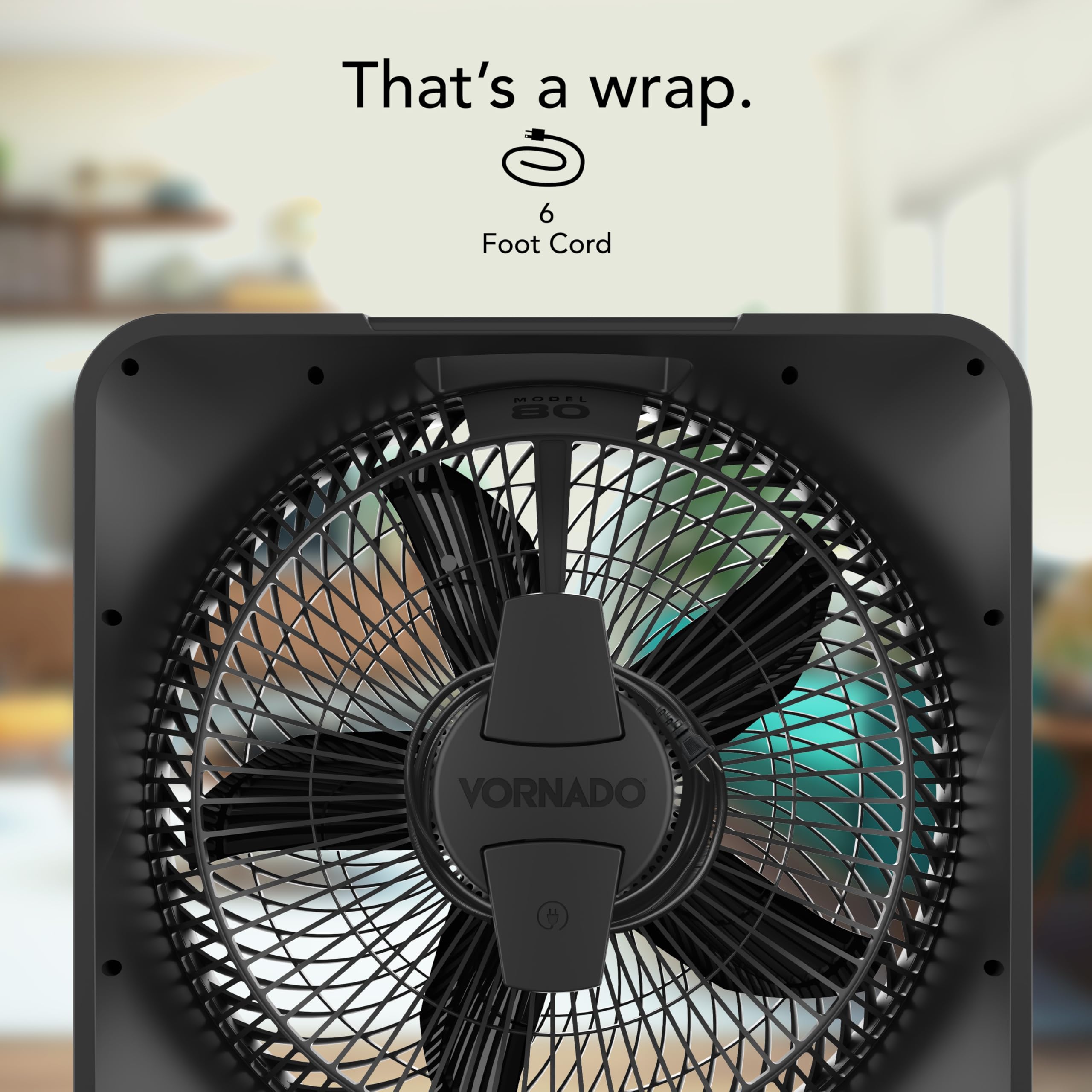 Vornado Model 80 High Velocity Electric Box Fan with Removable Grille, 5 Speed Settings, Powerful Airflow, Whole Room Air Circulation, Targeted Cooling, Cord Storage, Durable Floor Fan, Ice White