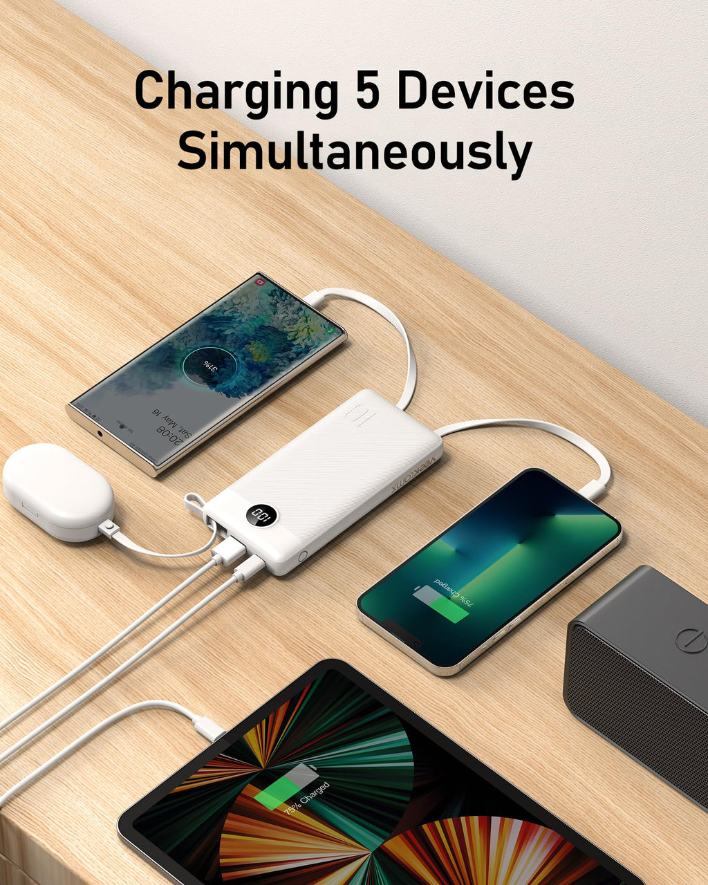 VEEKTOMX Portable Charger with 4 Built-in Cables — 10000mAh Slim Power Bank, USB-C Battery Pack with iPhone & Micro USB, TSA Approved Travel Charger for iPhone, Samsung, Android