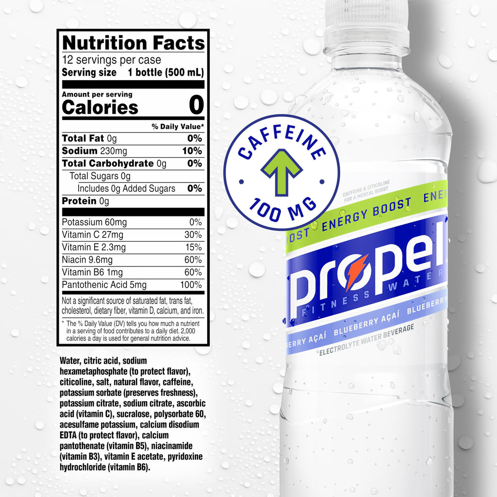 Propel Energy Boost Zero Calorie Flavored Water with Electrolytes and Caffeine, 3 Flavor Variety Pack, 16.9 fl oz Bottles (12 Pack)