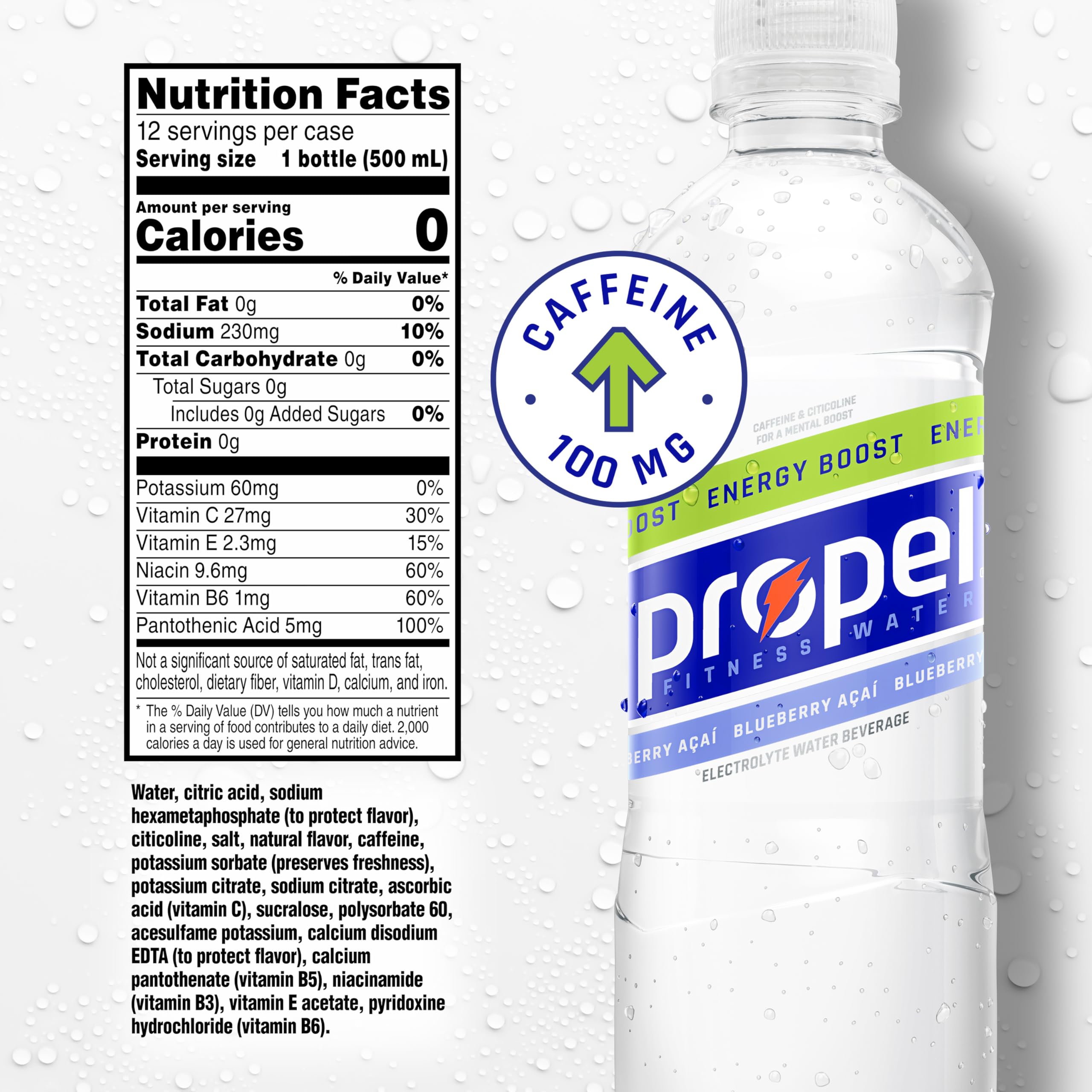 Propel Energy Boost Zero Calorie Flavored Water with Electrolytes and Caffeine, 3 Flavor Variety Pack, 16.9 fl oz Bottles (12 Pack)