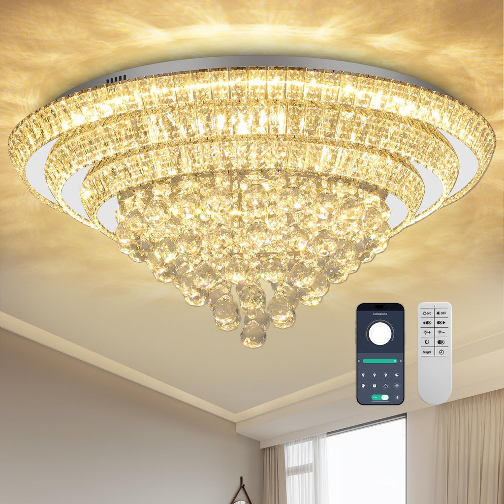 COCOSTAR 20" Gold Crystal Chandeliers, Flush Mount Chandelier LED Ceiling Light, Modern Crystal Raindrop Chandeliers for Dining Room, Living Room, Bedroom