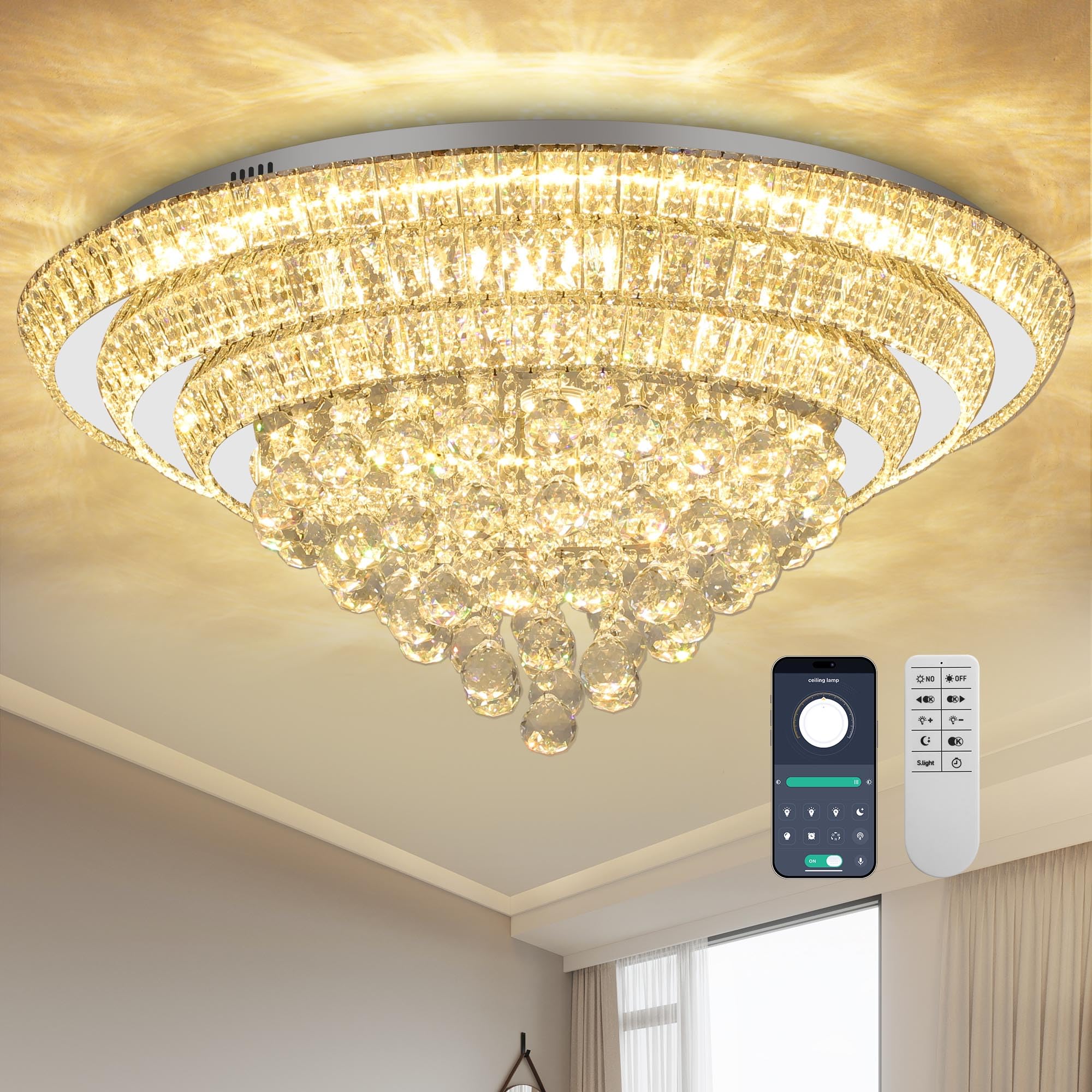 COCOSTAR 20" Gold Crystal Chandeliers, Flush Mount Chandelier LED Ceiling Light, Modern Crystal Raindrop Chandeliers for Dining Room, Living Room, Bedroom