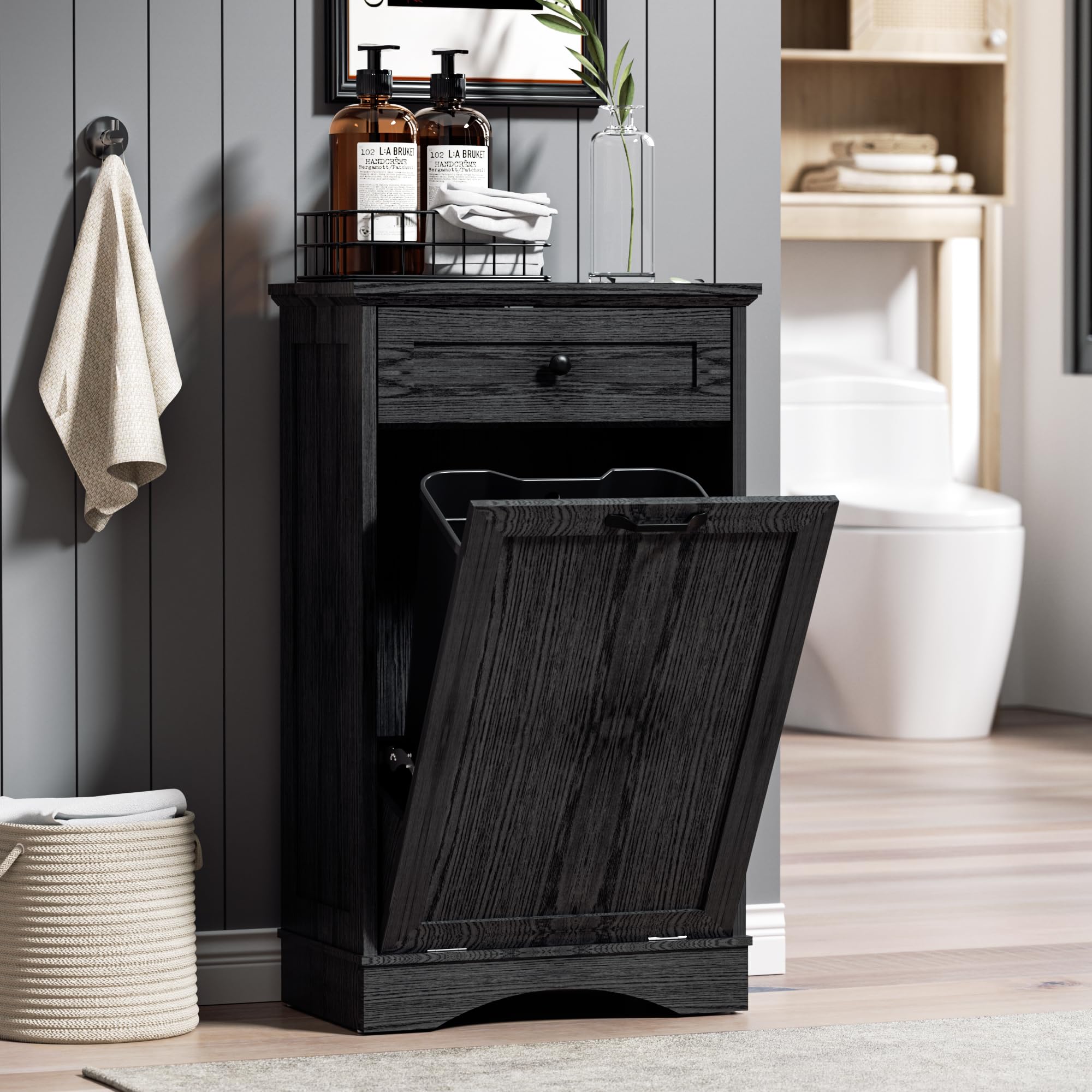 AHB Double Tilt Out Trash Can Cabinet Freestanding Kitchen Trash Can, 2x13 Gallons Hidden Garbage Recycling Cabinet with Hideaway Drawers Pet Proof Trash Can Holder for Kitchen, Antique White