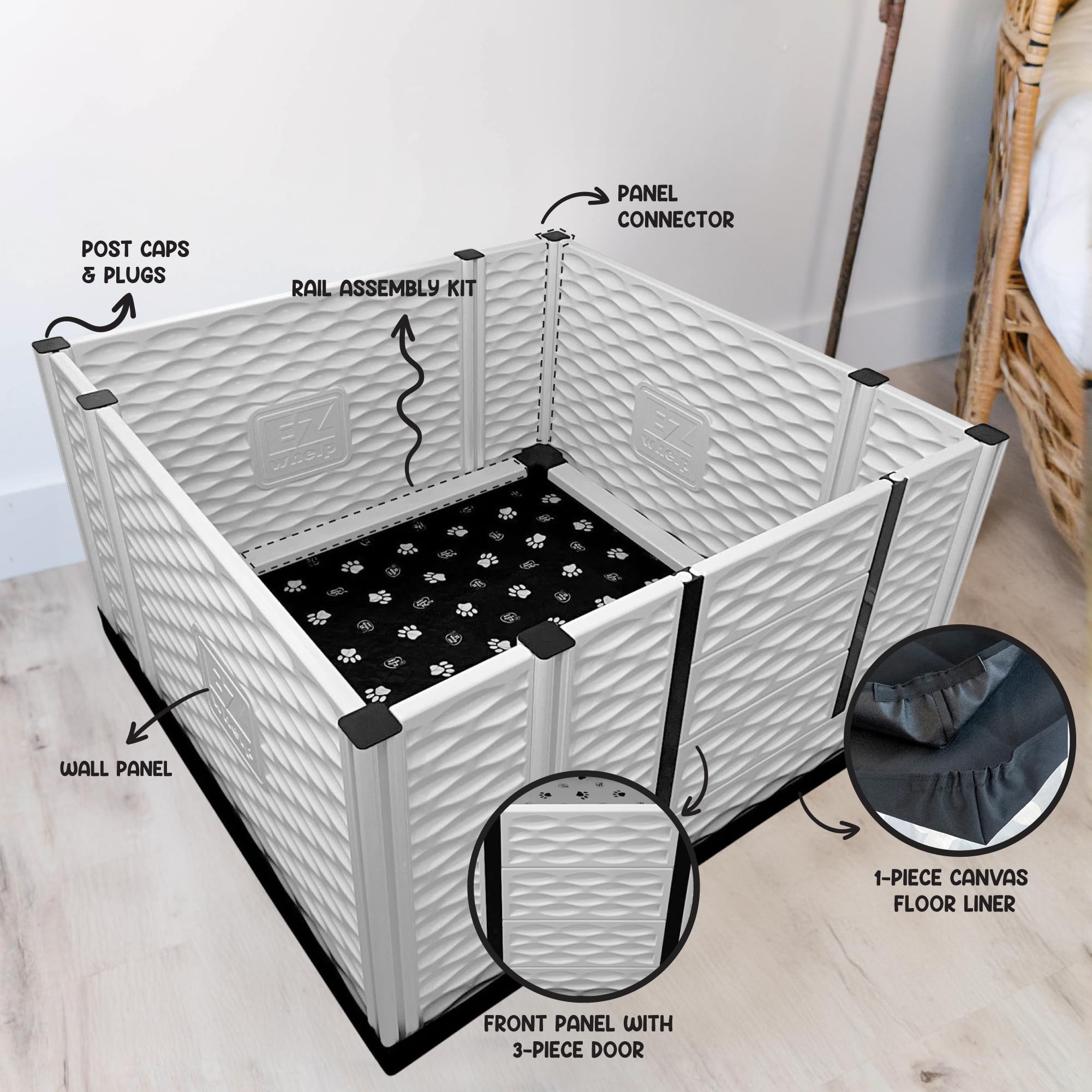 EZwhelp EZclassic Windowed 48"x48"x18" Whelping Box with Rails and Windowed Walls, Padded Dog Whelping Box, Black Pad