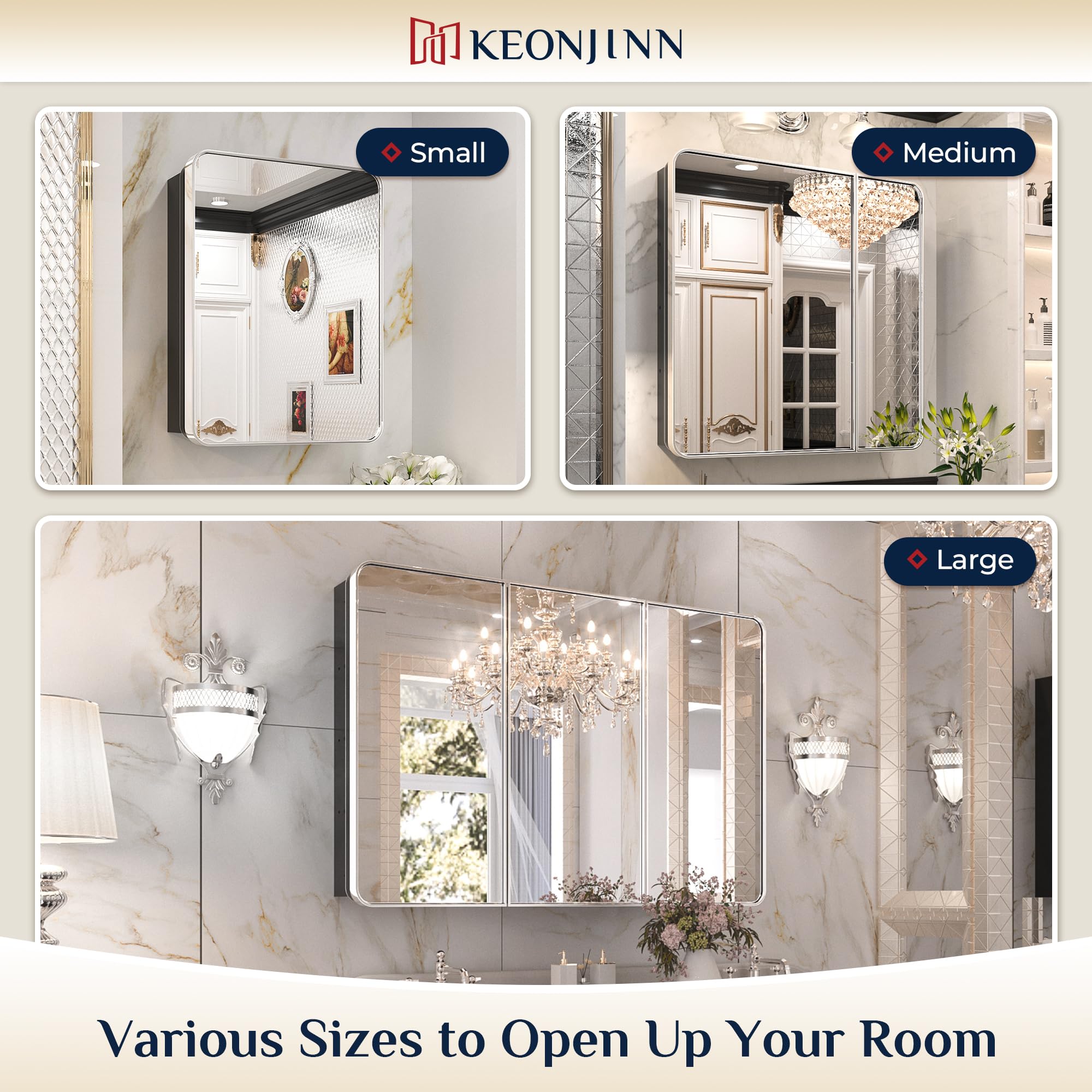 Keonjinn 15 x 36 Inch Black Slim Medicine Cabinets, Narrow Bathroom Side Medicine Cabinet with Mirror, Stainless Steel Framed, Adjustable Shelves, Recessed or Wall Mount, Modern Farmhouse