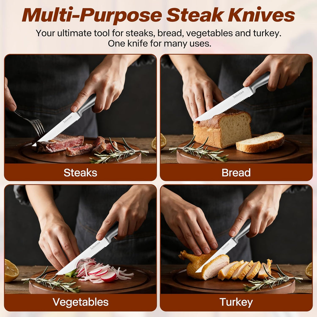 Steak Knife Set of 6, 4.5 inches Dishwasher Safe High Carbon Stainless Steel Knives, Silver