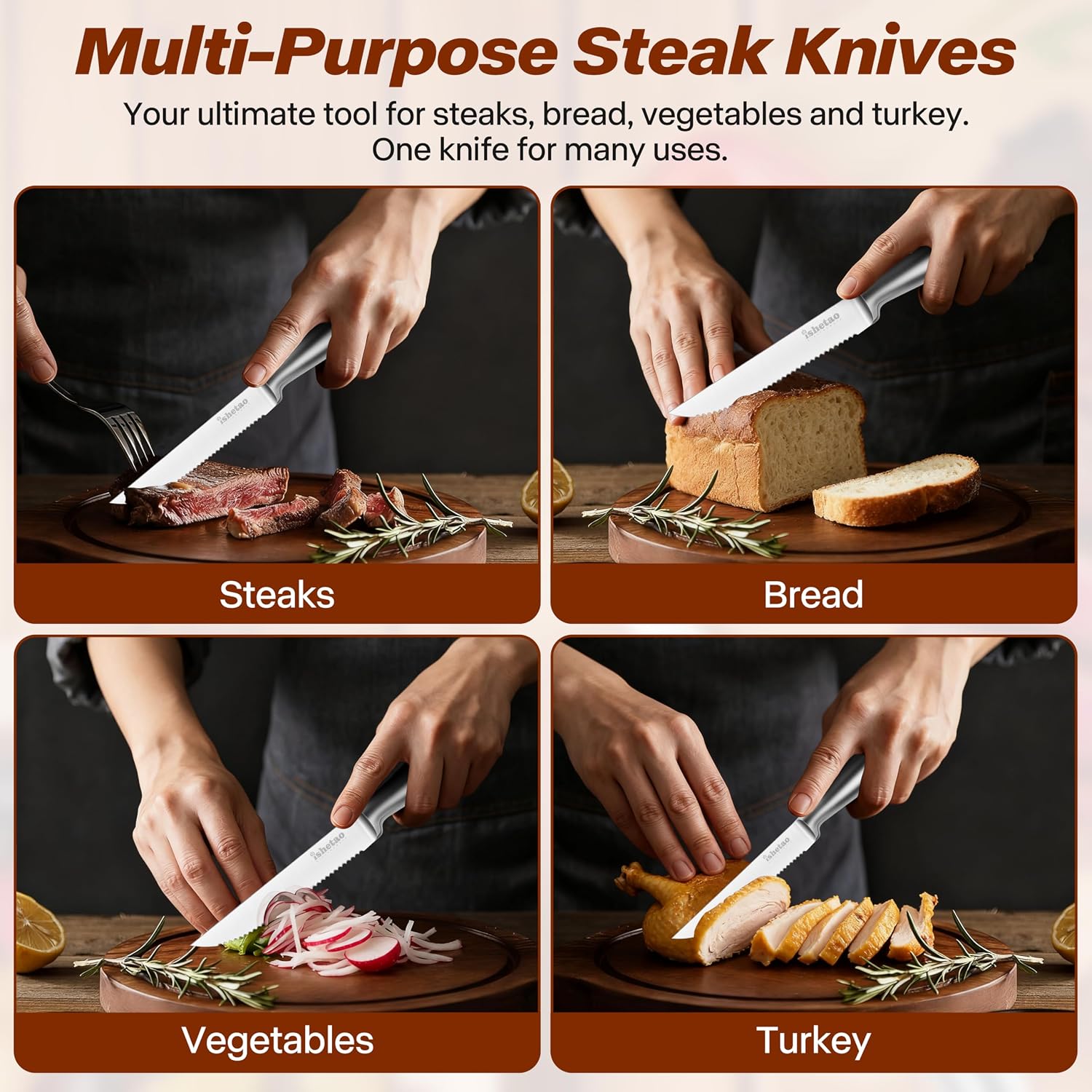 Steak Knife Set of 6, 4.5 inches Dishwasher Safe High Carbon Stainless Steel Knives, Silver