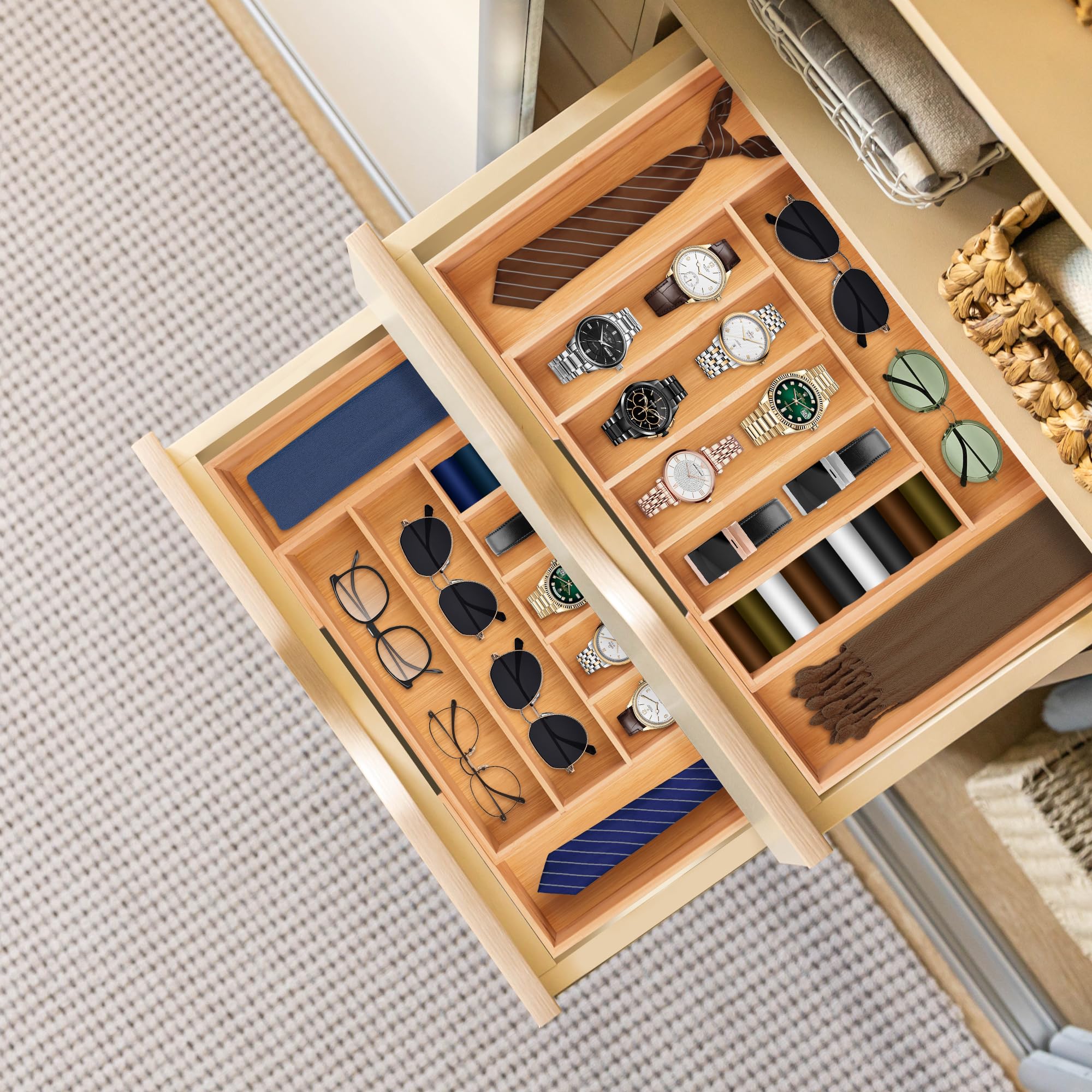Expandable Acacia Kitchen Drawer Organizer for Cutlery and Utensils, Adjustable Acacia Wood Cutlery Tray in Drawer for Flatware and Silverware in Kitchen