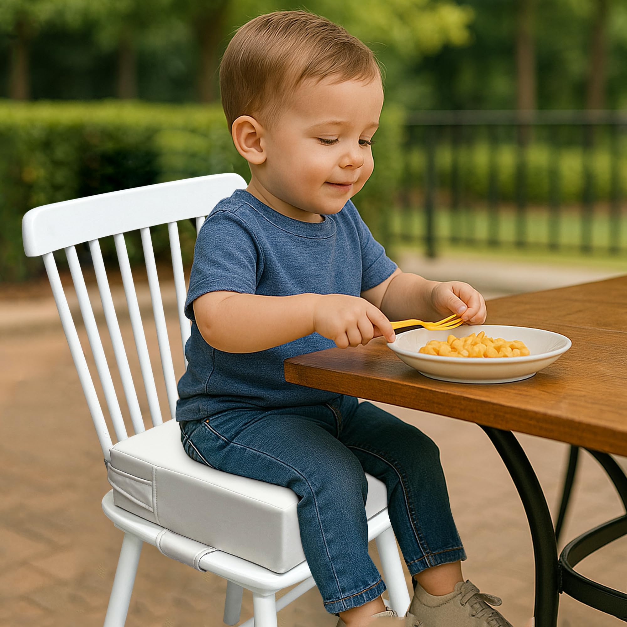 Toddler Booster Seat for Dining Table – PU Washable Cushion with Double Safe Straps, Non-Slip Bottom, Portable Travel Booster Seat for Toddlers (Dark Brown)