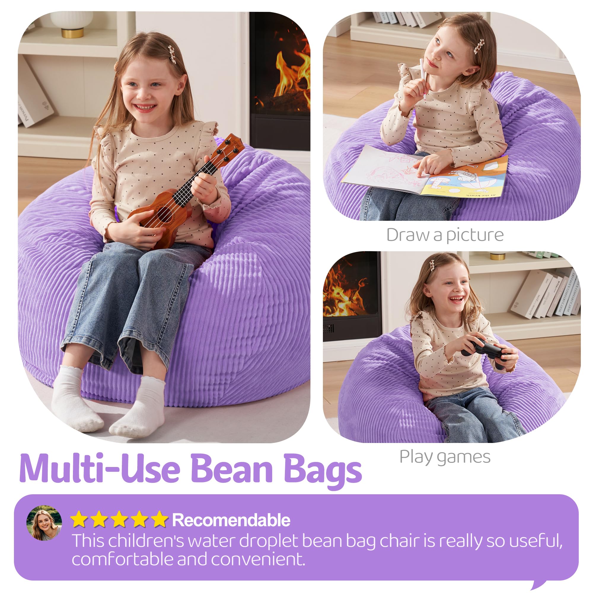 Homguava Bean Bag Chair,Teardrop Bean Bags Small Beanbag Chair with Memory Foam Filled and Ultra Soft Corduroy Cover for Living Room, Bedroom (Black 2FT)