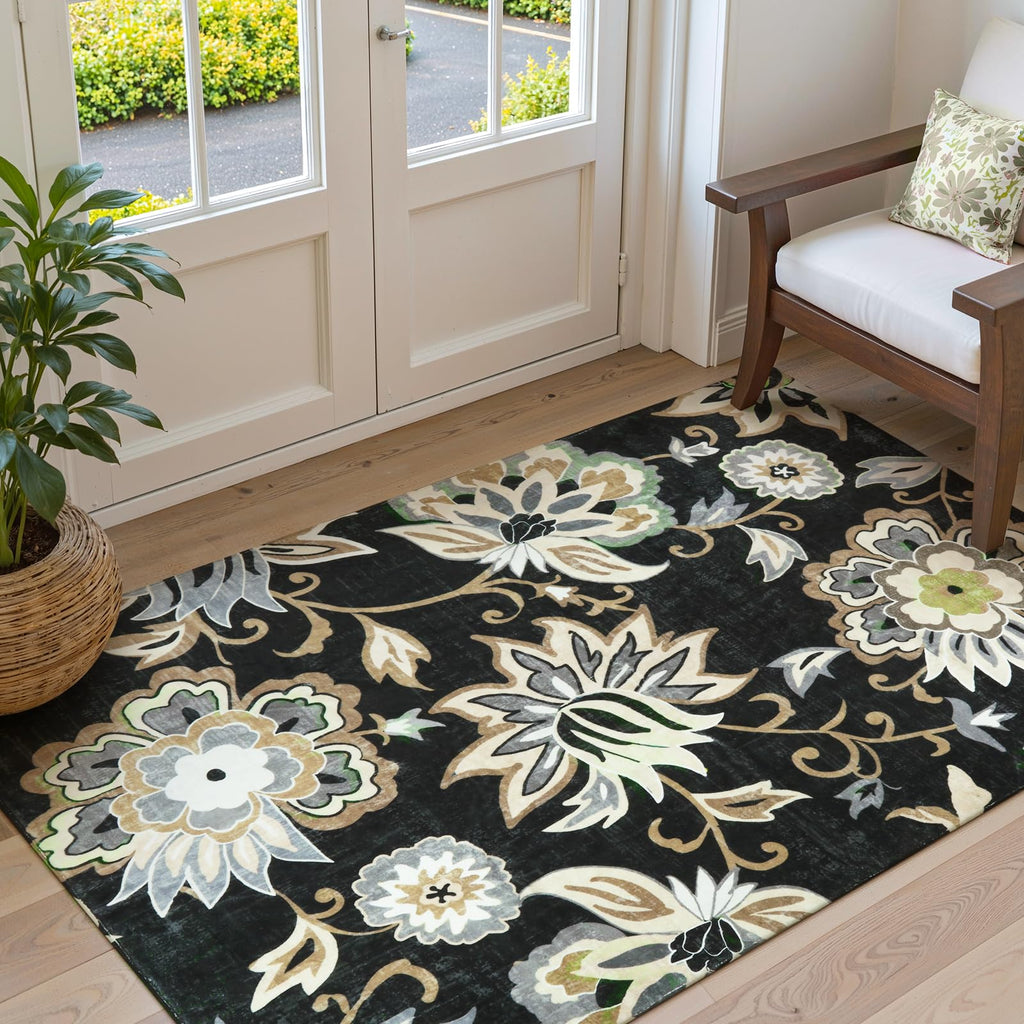 Lahome Floral Washable Area Rugs - 2x3 Non-Slip Small Entryway Rug Indoor, Throw Stain Resistant Kitchen Rugs Soft Black Paisley Print Bathroom Mats DoorMat Carpet for Bedroom Laundry Living Room Sink