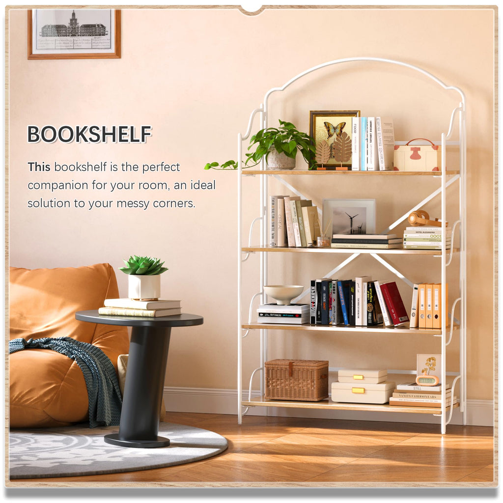 4NM No Assembly Folding Bookshelf, 3 Tiers Collapsible Book Shelves Open Industrial Foldable Storage Bookcase Shelf for Bedroom, Living Room, Home Office - Natural and White