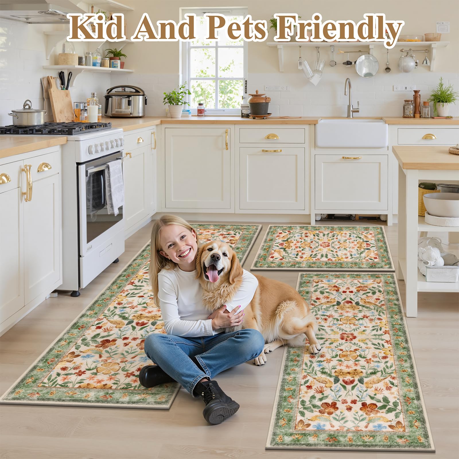 HEBE Boho Kitchen Rug Sets 3 Piece with Runner Non Slip Kitchen Rugs and Mats Washable Kitchen Mats for Floor Thick Kitchen Floor Mat Carpet Runner Rugs for Hallway Laundry Holiday Decor