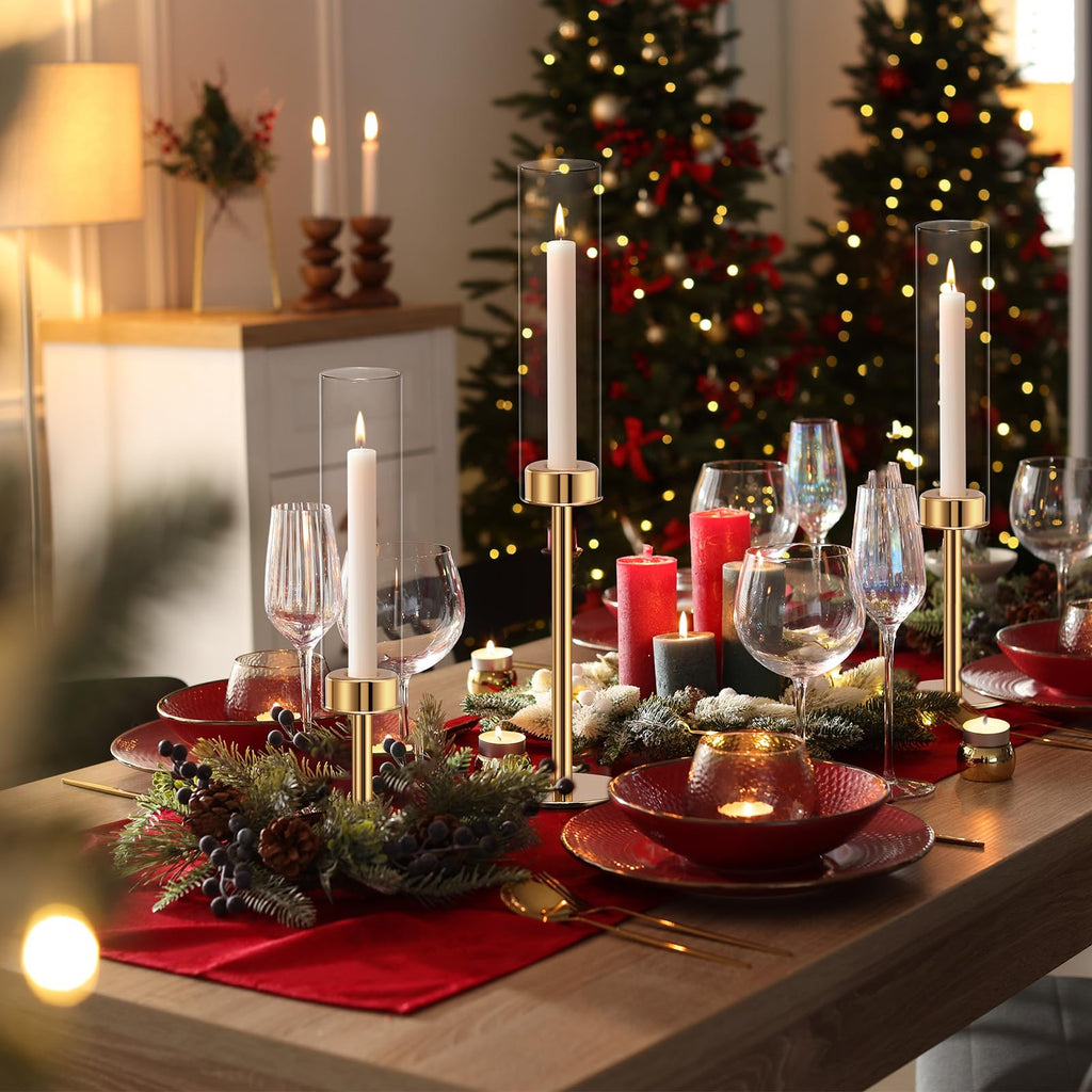 Black Hurricane Glass Candle Holders Set of 3, Tall Metal Taper Candle Stick Holder, Clear Candlestick Holders, Table Centerpieces Decor for Dining Dinner, Weddings, Christmas Fireplace Decorations