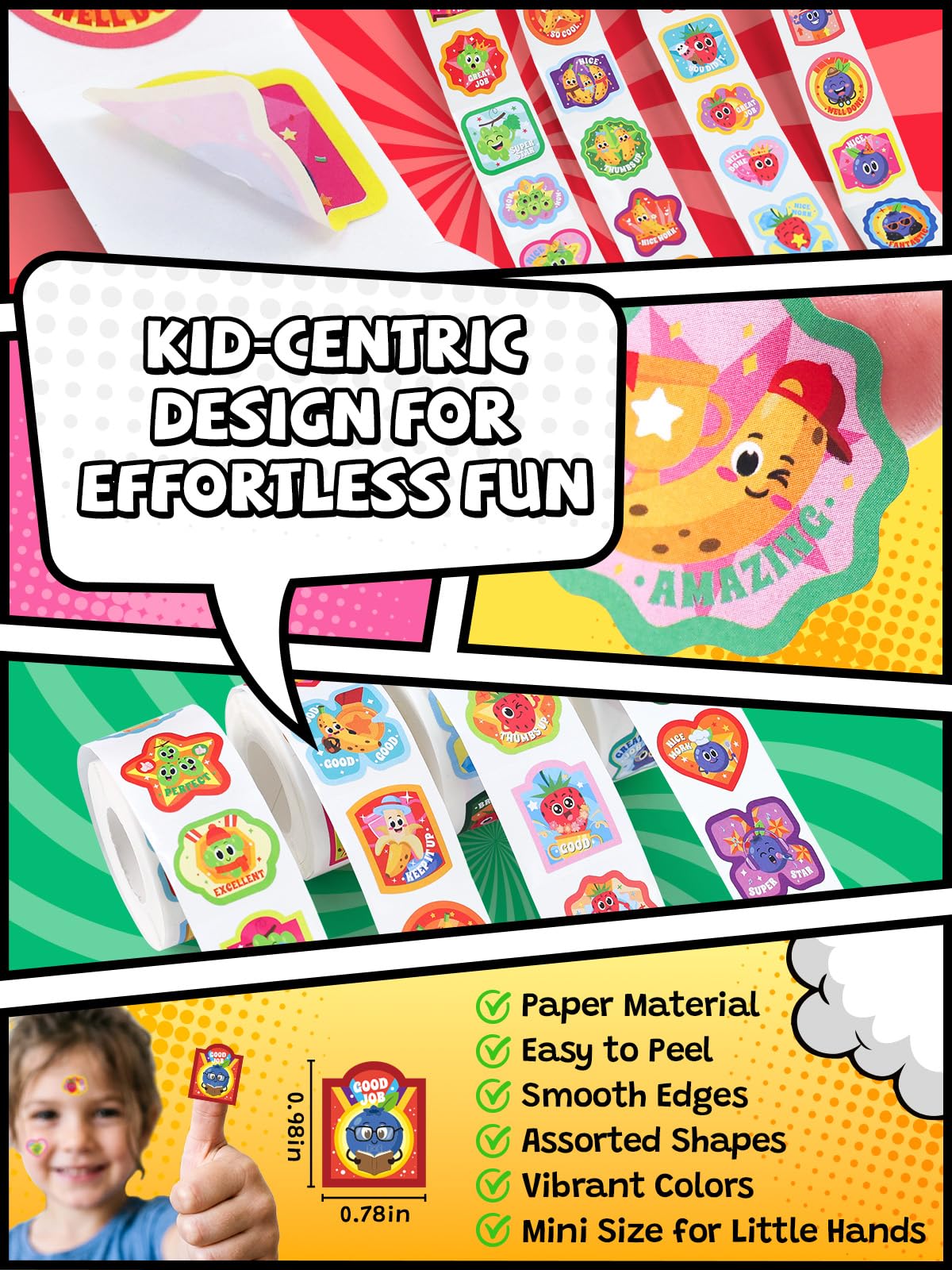 HORIECHALY 3 Rolls Scratch and Sniff Stickers for Kids, 600PCS Smelly Scented Stickers, Kid's Reward Sticker, Classroom Teacher Must Haves, School Supplies Incentives Christmas Children‘s Gift-1.57''