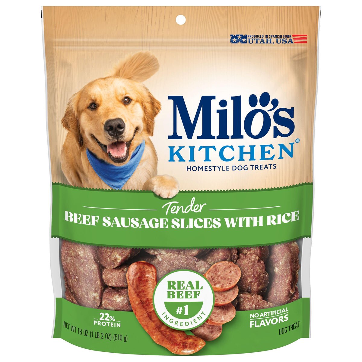 Milo's Kitchen Homestyle Dog Treats, Beef Sausage Slices, 10 Ounce, High Protein, No Artificial Flavors