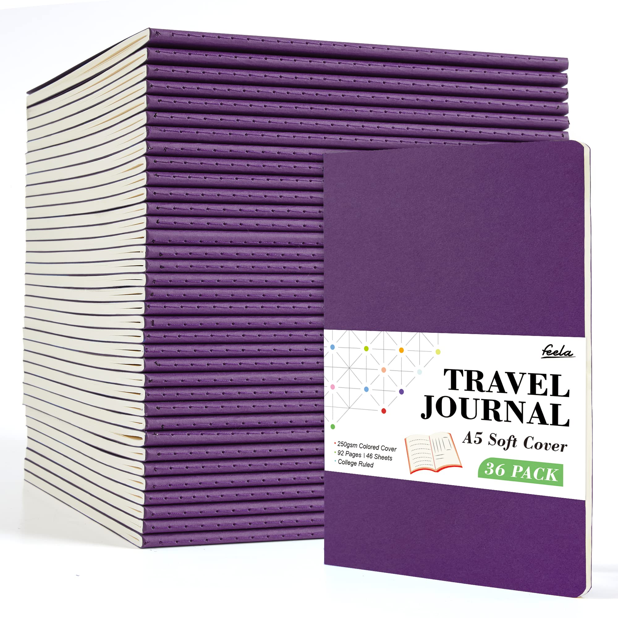 36 Pack Soft Cover Journal Bulk, Feela Lined Blank Travel Journal for Women Men Writing, Notebooks College Ruled for Work, Note Taking Notebook School Business Supplies, 8.2” x 5.5”, A5, Berry