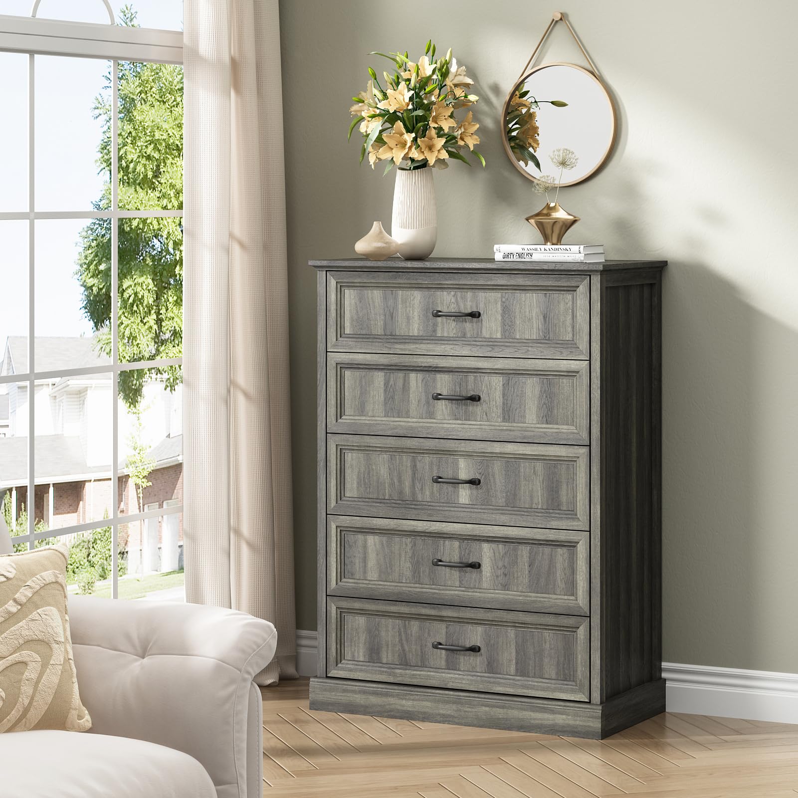 Farmhouse 5 Drawers Dresser for Bedroom, 44" Tall Brown dresser Wood Rustic Chest of Drawers with Wide Metal Handle,Natural Texture,Drawer Organizer for Bedroom,Living Room,Hallway and Entryway