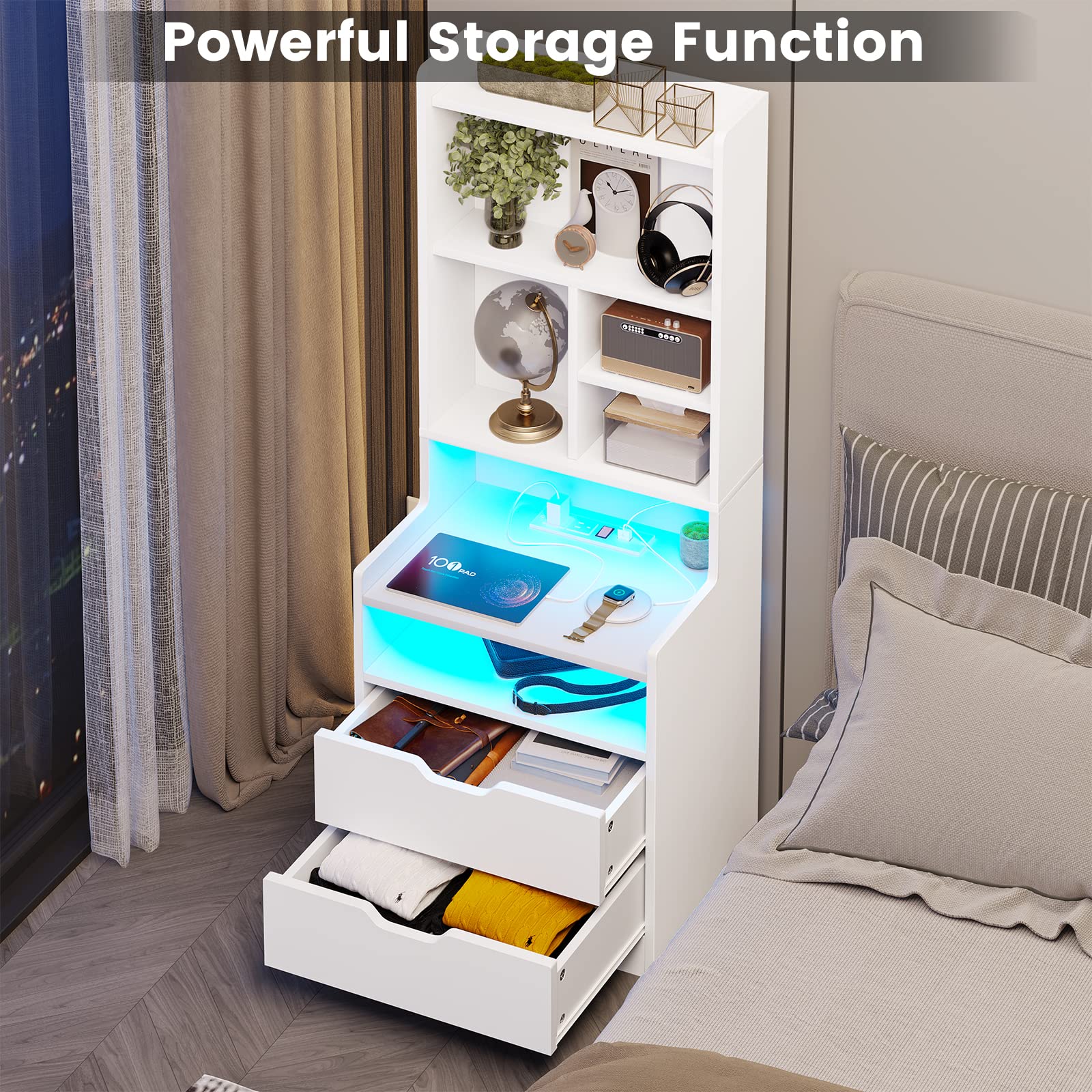 BTHFST Tall Nightstand with LED Lights and Charging Station, LED Black Nightstand with Shelves and 2 Drawers, Bedside Table with Bookshelf, Tall Side End Table with Storage