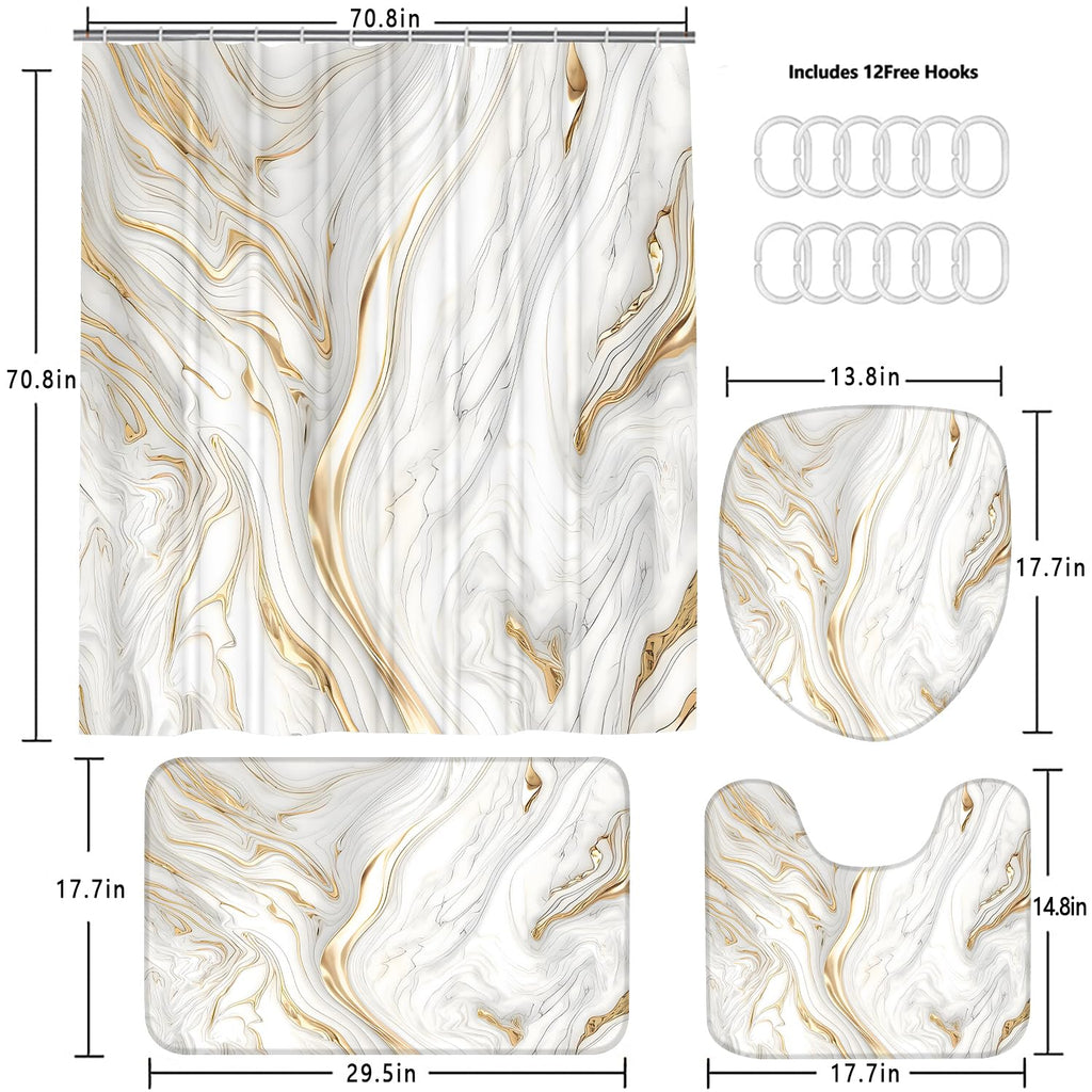 Nkzply 4 Pcs Black Marble Shower Curtain Sets with Rugs Gold Bathroom Sets with Shower Curtain and Rugs Modern Abstract Bathroom Decor Accessories Shower Curtains for Bathroom Toilet Lid Cover