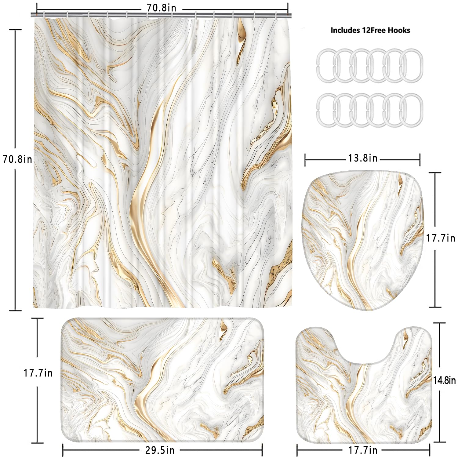 Nkzply 4 Pcs Black Marble Shower Curtain Sets with Rugs Gold Bathroom Sets with Shower Curtain and Rugs Modern Abstract Bathroom Decor Accessories Shower Curtains for Bathroom Toilet Lid Cover