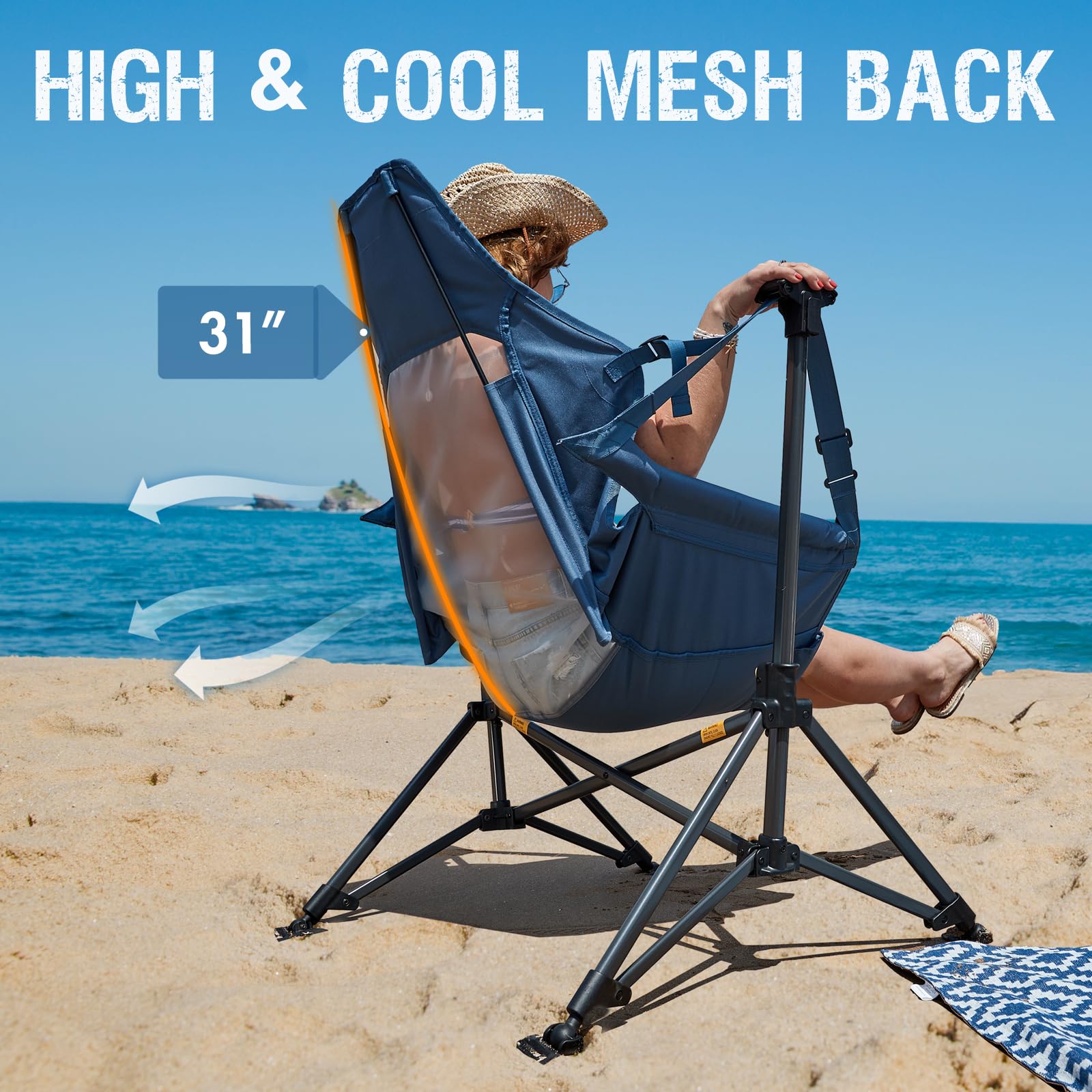 Portal Hammock Camping Chair, Portable Outdoor Swinging Chairs with Adjustable Back and Height for Lawn, Backyard, Patio, Supports 400 lbs, Breathable Mesh High Back, Blue