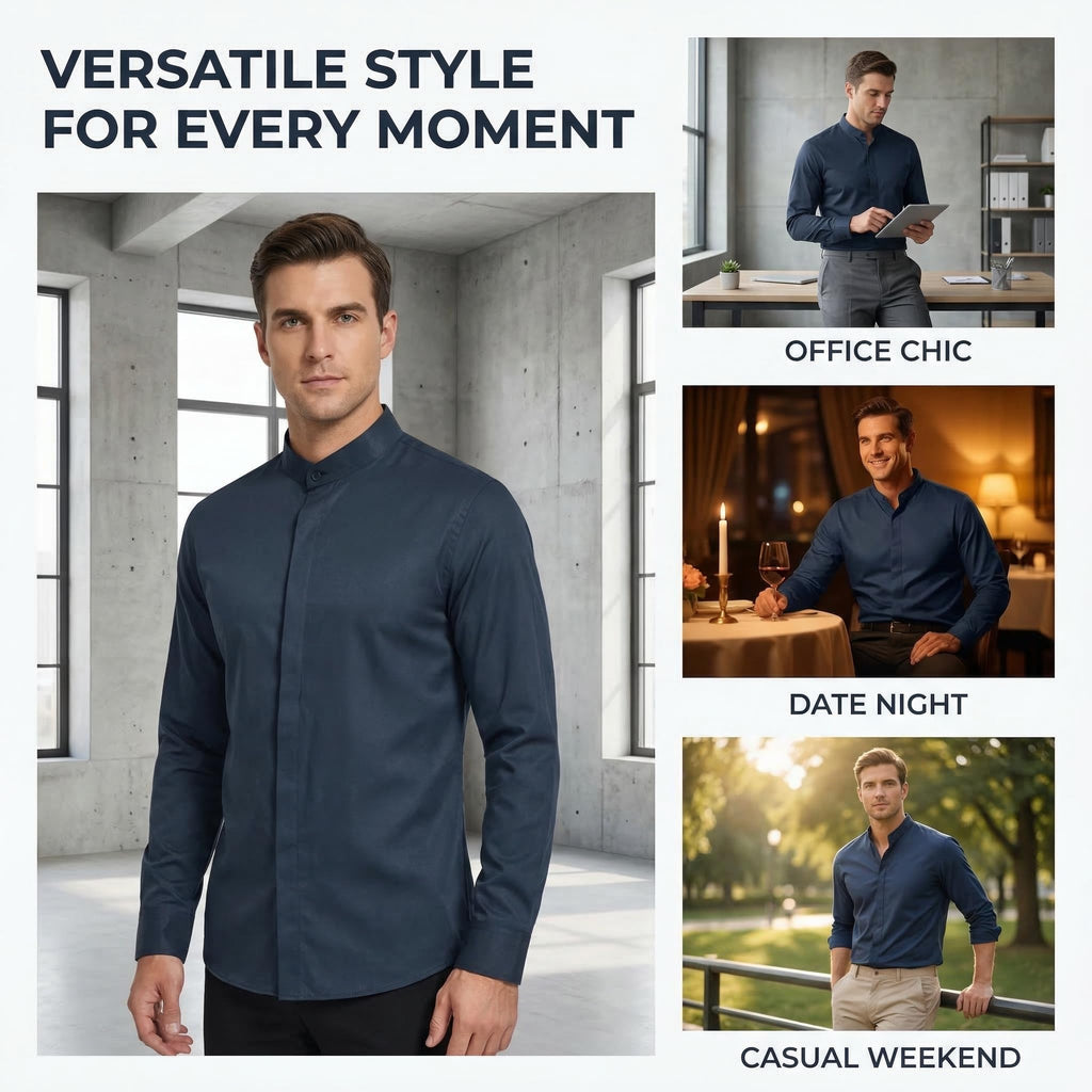 Men’s Banded Collar(Mandarin Collar) Long Sleeve Casual Solid Fancy Dress Shirts