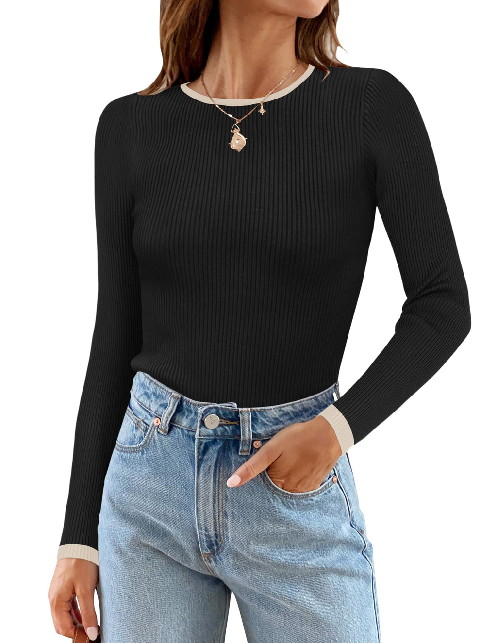 ZESICA Women's Long Sleeve Crewneck Shirts 2026 Spring Ribbed Knit Sweater Slim Fitted Casual Basic Tee Tops