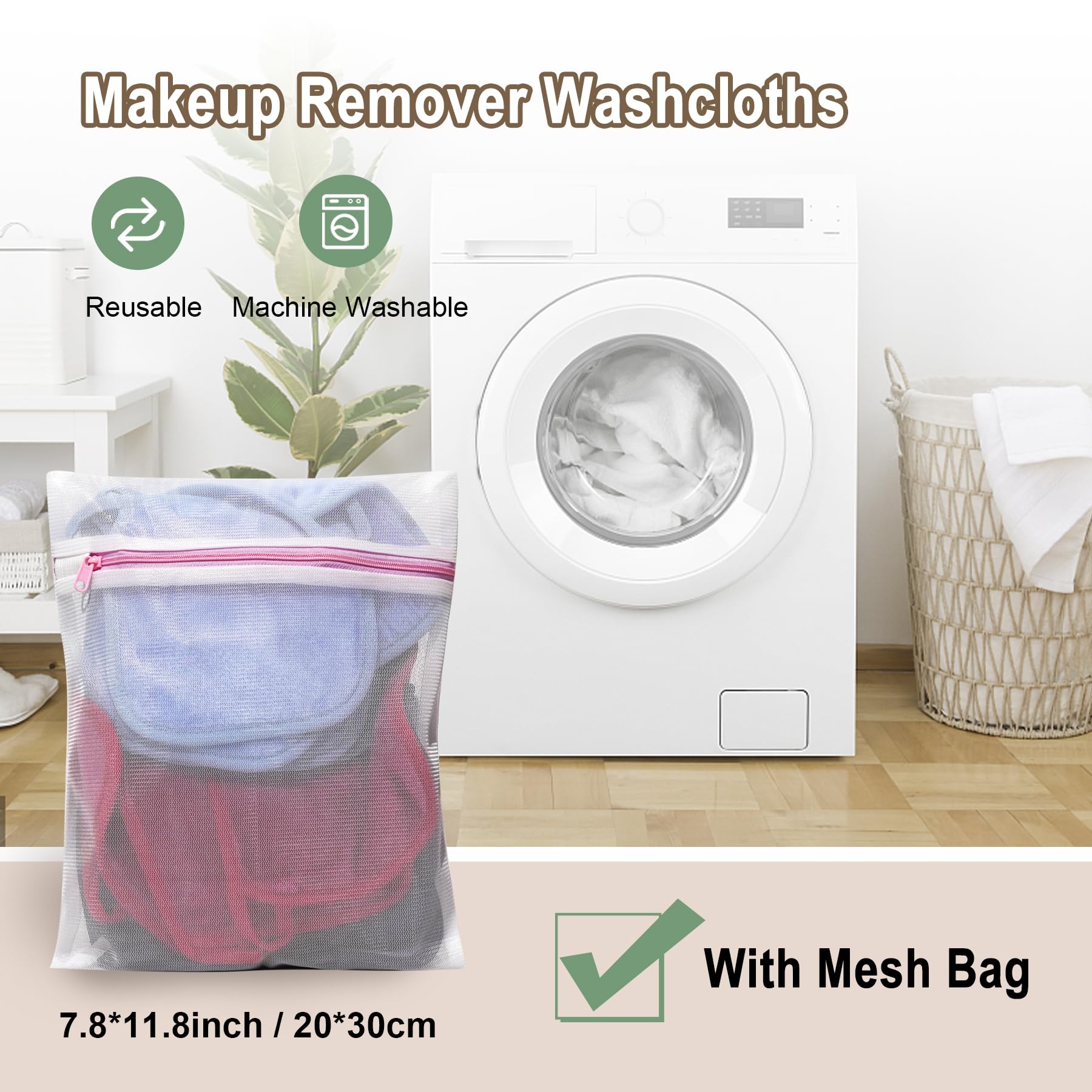 KODAMO Makeup Remover Cloth, Reusable Makeup Remover Pads Washable with Mesh Bag, Microfiber Makeup Removal Face Wash Cloths with Just Water, Gentle Soft, 12 Pack