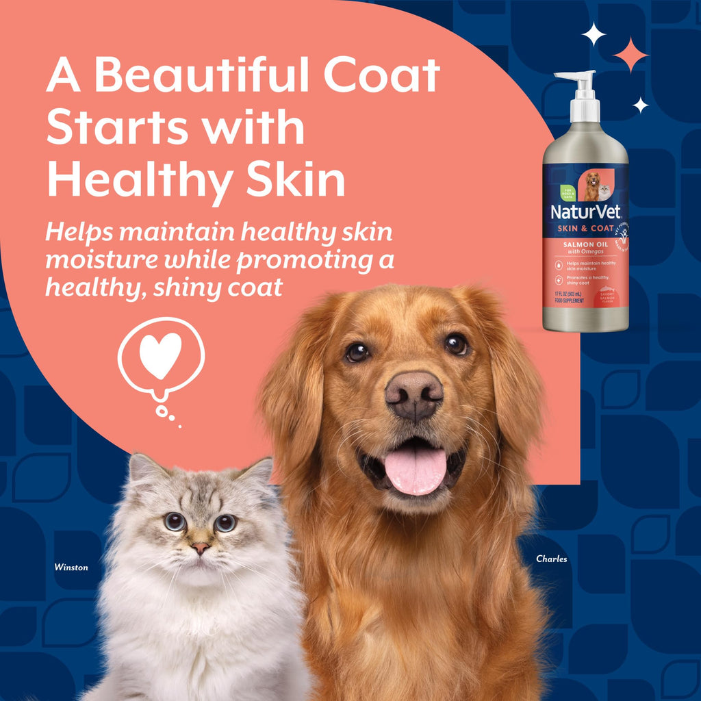 NaturVet – Salmon Oil Skin & Coat Plus Omegas – Supports Healthy Skin & Glossy Coat – Source of Omega-3 & 6 Fatty Acids – for Dogs & Cats (8.75 oz Oil)