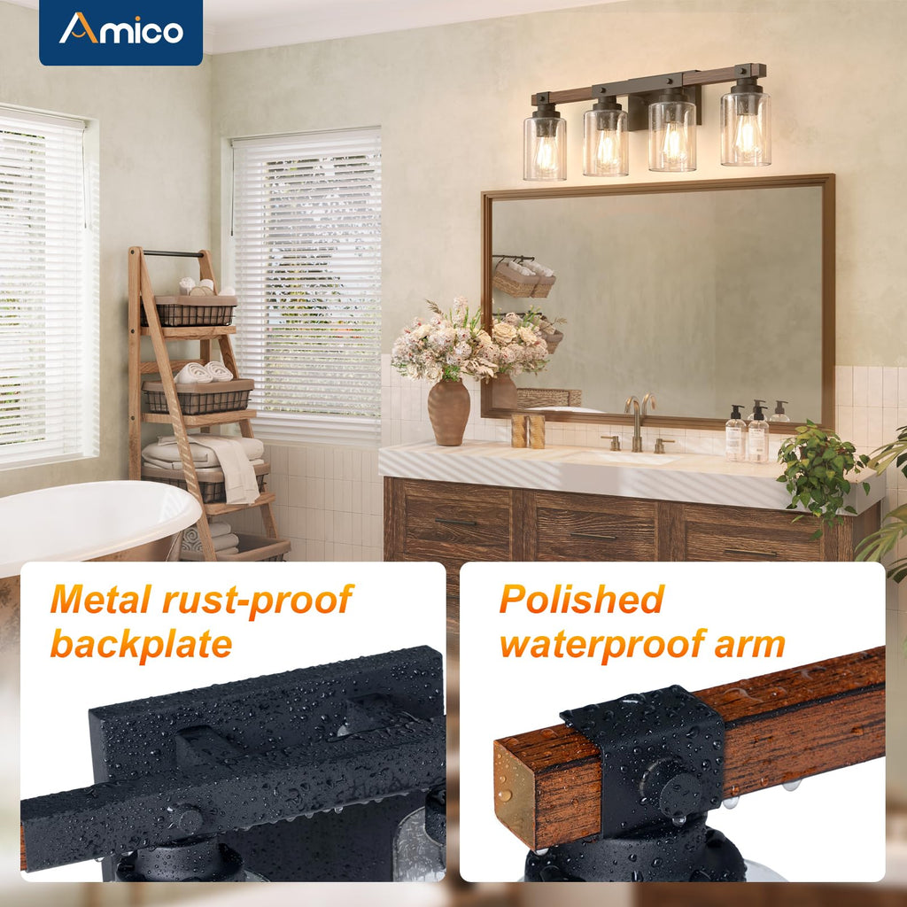 Amico 3-Light Farmhouse Vanity Light Fixture, Rustic Wood Bathroom Light Fixtures, Industrial Vintage Black Wall Sconces Lights with Bubble Glass Shade for Mirror, Bedroom, Living Room, Hallway