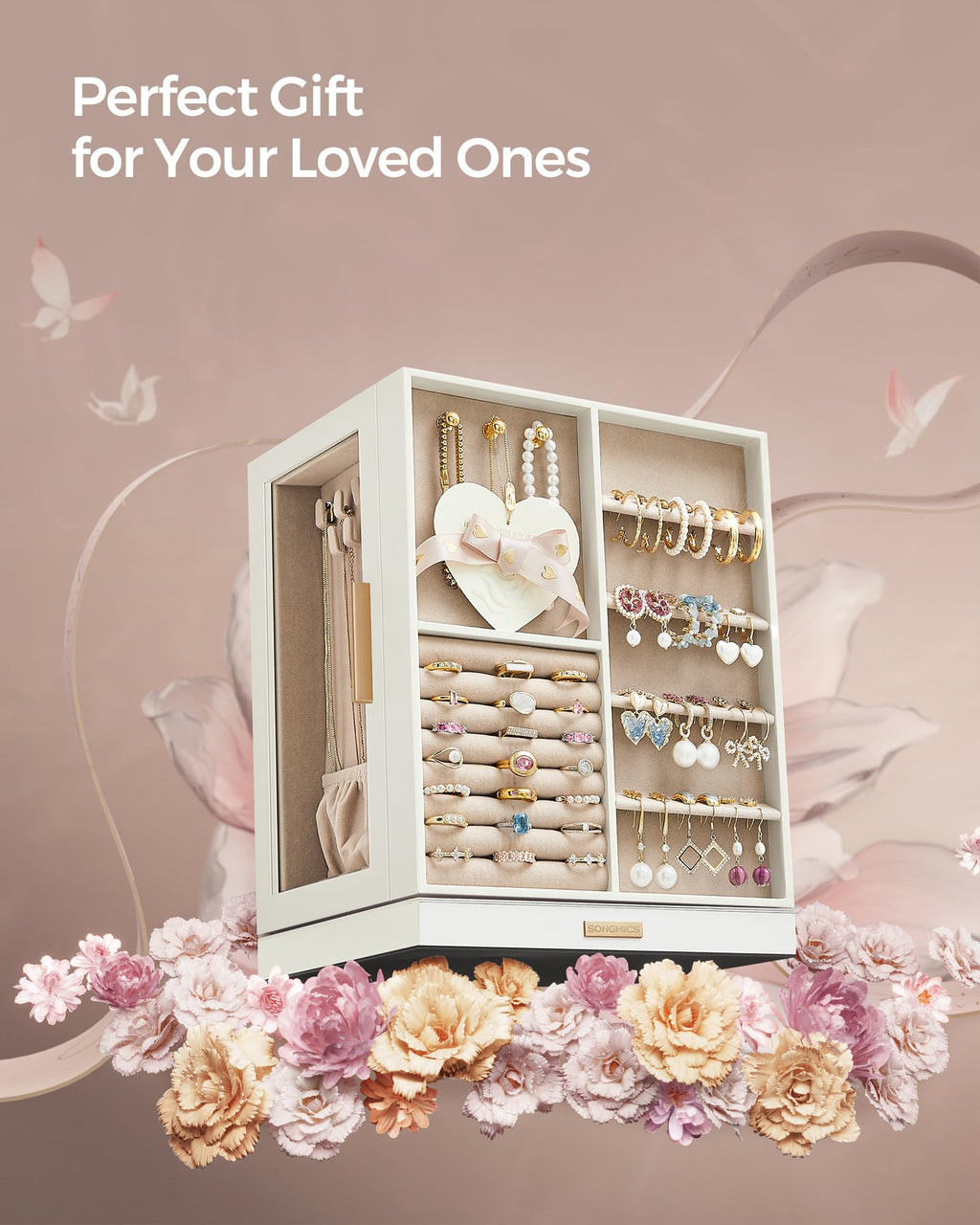 SONGMICS GISELLA Collection - Jewelry Box Organizer 360° Rotating, Vertical Jewelry Storage Case with 5 Drawers, Glass Window, Spacious, Open Design, Great Gift, Cloud White UJBC170W01