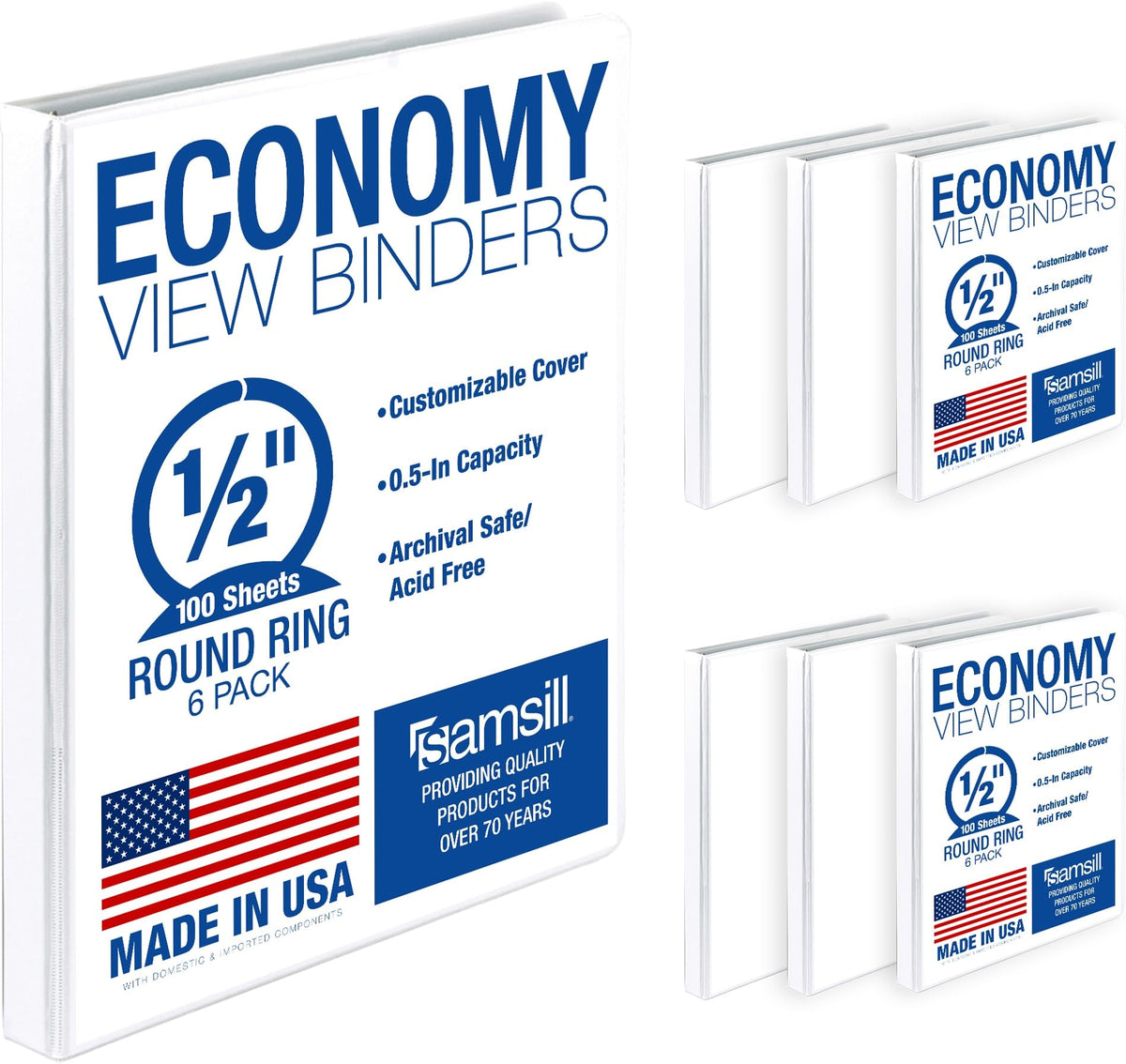 Samsill 1 Inch 3 Ring Binders, Economy Round Ring, Clear View Cover, 200 Sheet Capacity - for School, Home, Office - Blue, 4 Pack