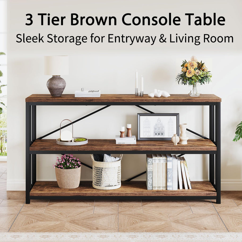 LVB Black Console Table, Modern Entryway Table for Hallway Living Room, Industrial Sofa Table Behind Couch, Farmhouse Wooden Metal Entry Table for Foyer with 3-Tier Storage Shelves, Black Oak, 55 Inch