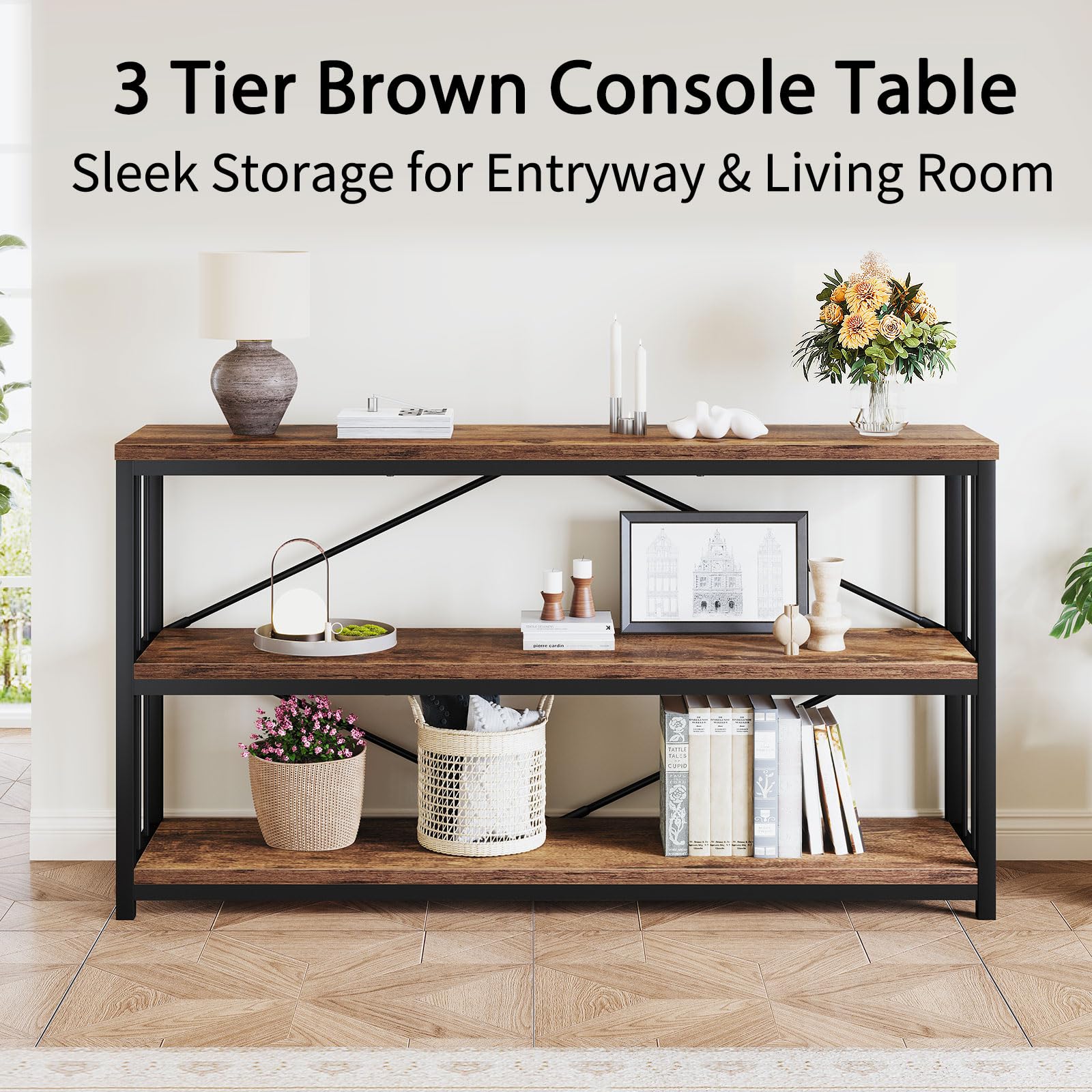 LVB Black Console Table, Modern Entryway Table for Hallway Living Room, Industrial Sofa Table Behind Couch, Farmhouse Wooden Metal Entry Table for Foyer with 3-Tier Storage Shelves, Black Oak, 55 Inch