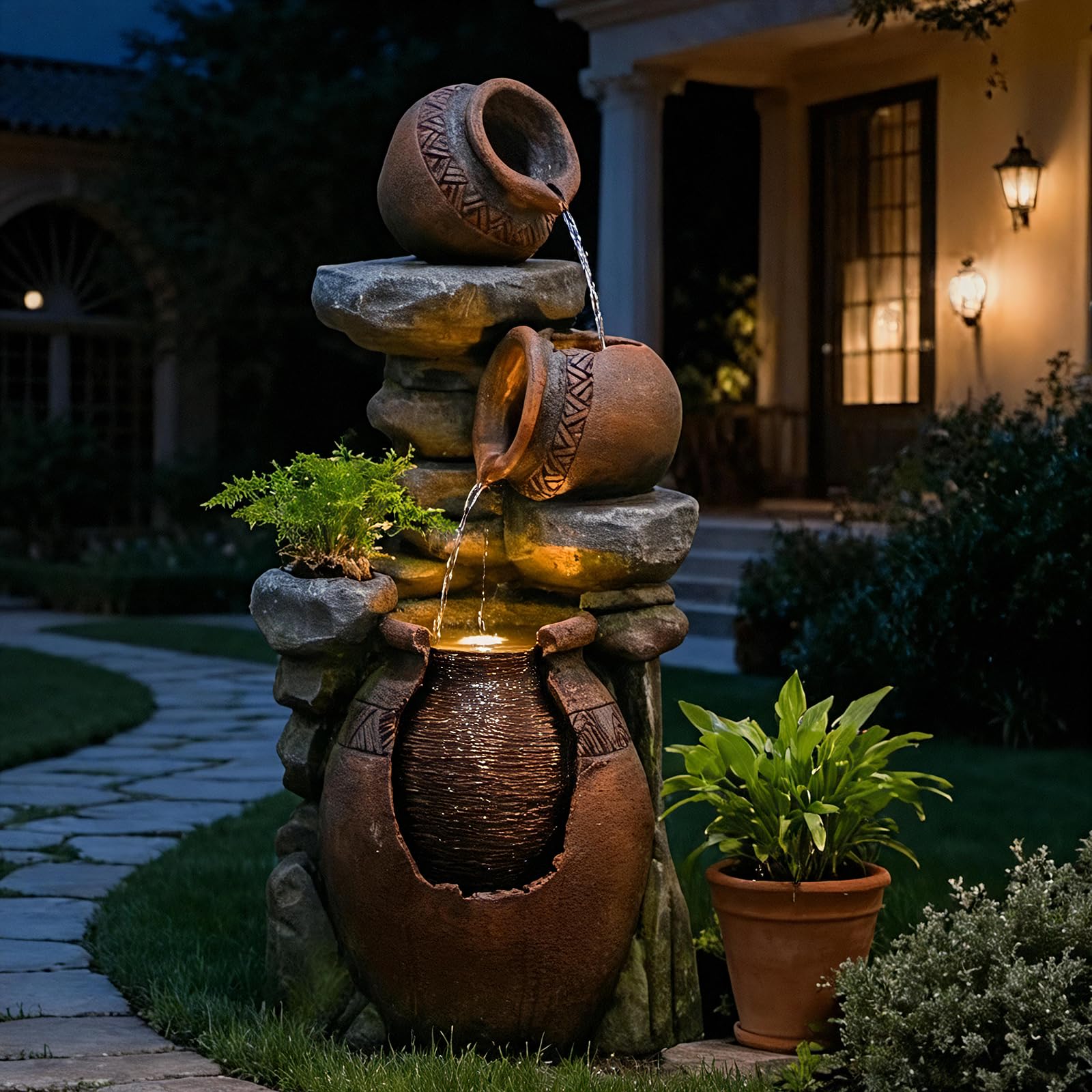 Bumilgar 2-Tier Bowl Water Fountain with LED Lights, 27.95" Tall Freestanding Outdoor & Indoor Garden Waterfall Fountain for Yard, Patio, Backyard, Floor Standing Home Decor
